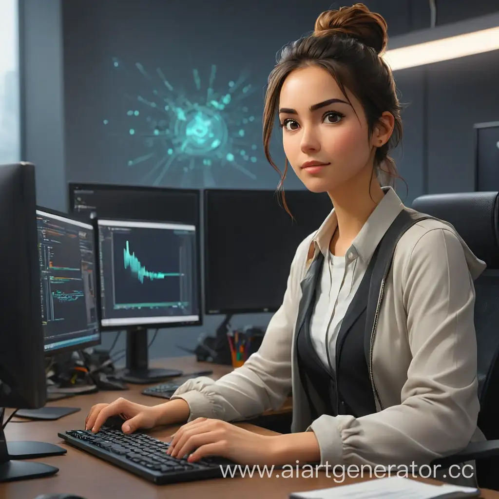 
woman sitting at a desk with two computer monitors and a pen, sitting at a computer, sitting at a computer desk, programmer, creative coder with a computer, sitting in front of computer, in front of a computer, coding time, sitting at a desk, it specialist, professional digital painting, avatar image, developers, coding