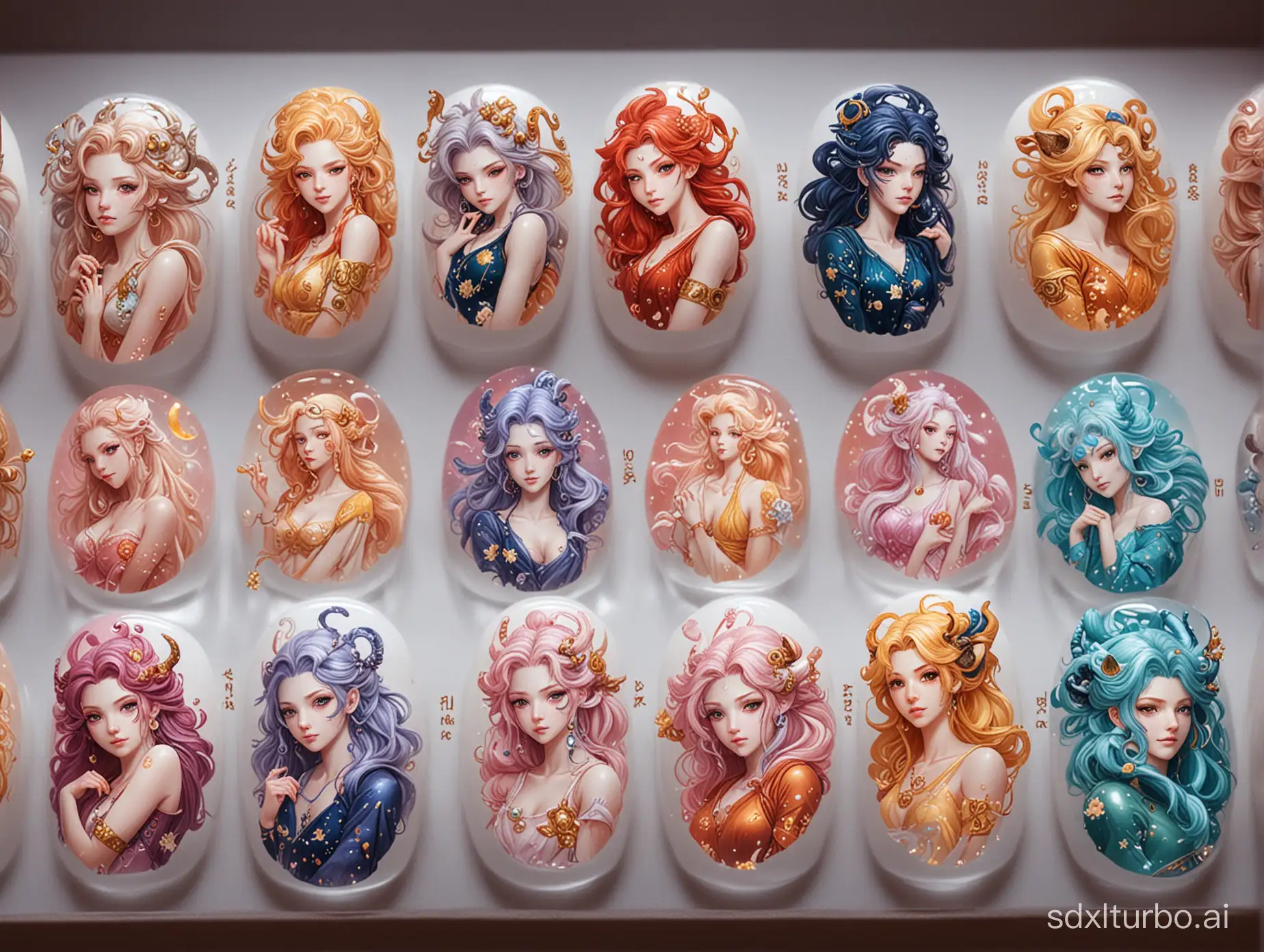 Nail art depicting the twelve zodiac signs in a modern, lifelike, anime-style, visually stunning manner.