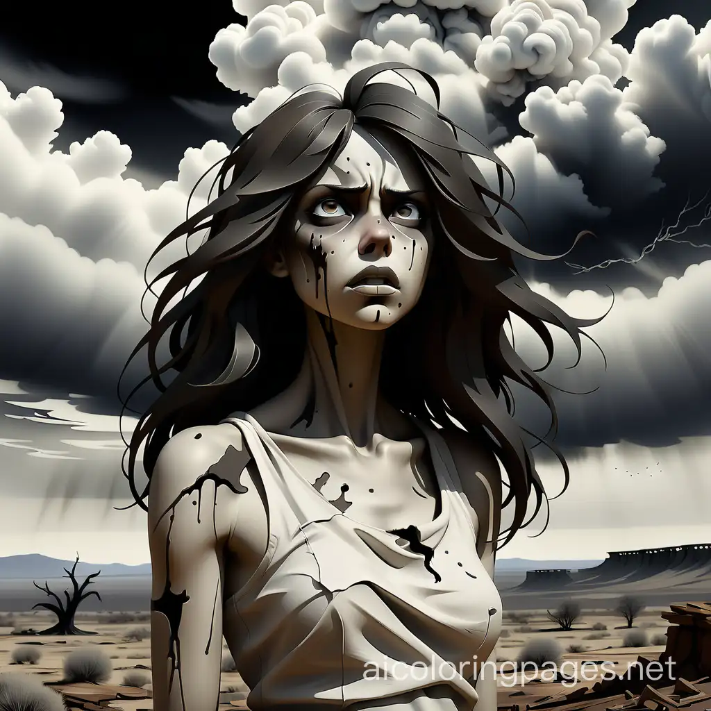 A hauntingly beautiful minimalist ink drawing captures the essence of a full-body solitary woman 's face amidst the remnants of a once-thriving landscape. The clean lines and negative space emphasize the purity and simplicity of the scene. The character's intense gaze reveals a mix of sorrow, rage, and unwavering determination. The menacing clouds loom overhead, casting an eerie shadow over the scene, and the scent of smoke and decay lingers in the air. The howling winds moan through the desolate, lifeless Landscape. The resolute individual stands tall, embodying the fragility of humanity in the face of devastation. This powerful thought-provoking serves as a poignant reminder of the urgent need to combat climate changes and protect our delicate world., Coloring Page, black and white, line art, white background, Simplicity, Ample White Space. The background of the coloring page is plain white to make it easy for young children to color within the lines. The outlines of all the subjects are easy to distinguish, making it simple for kids to color without too much difficulty