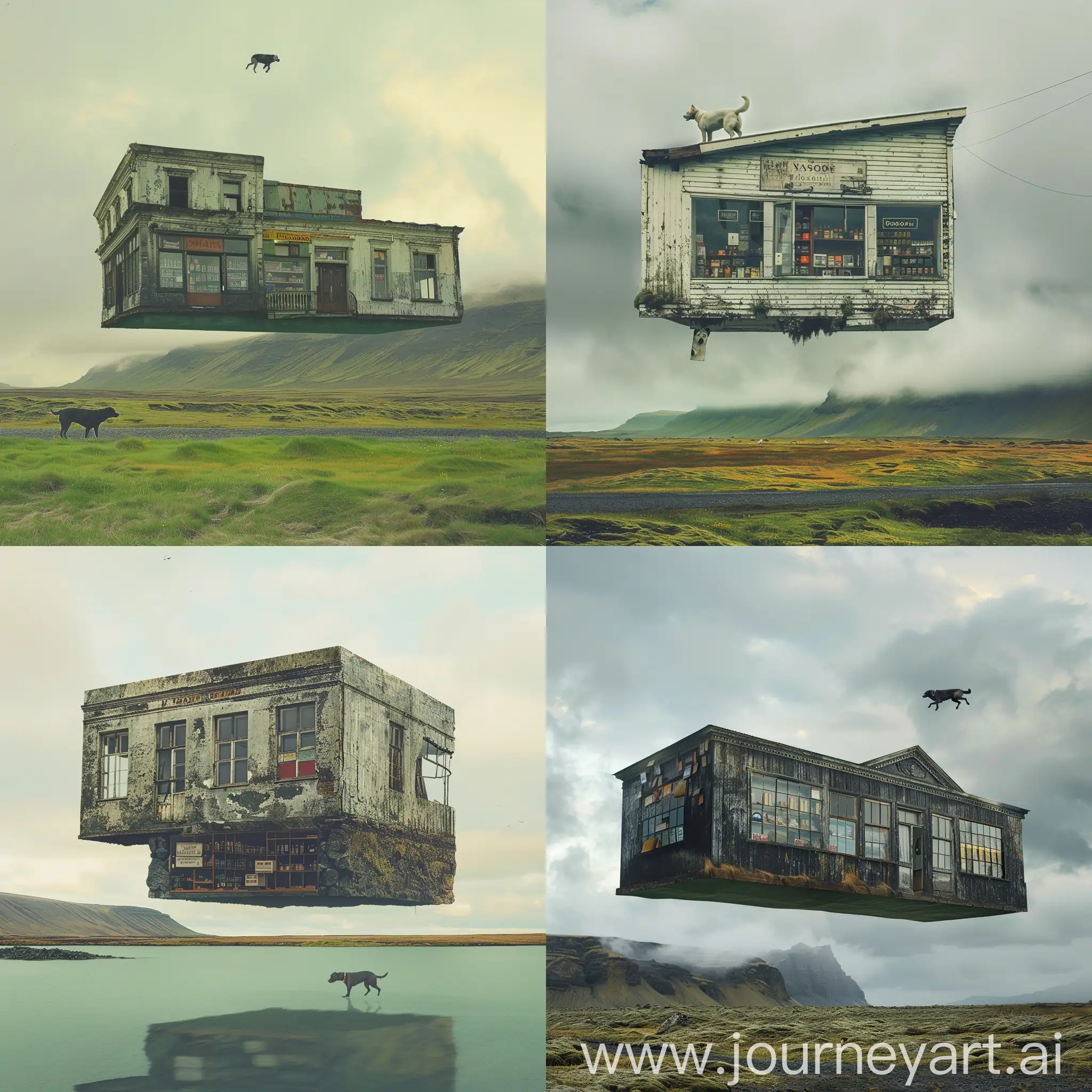 Huge old weird shop floating above green iceland surface, dog, mystery