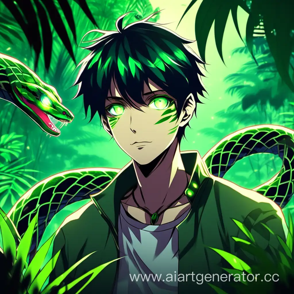 Персонаж в стиле аниме, подросток, парень, тёмные зелёные волосы, светящиеся глаза, зелёная змея на шее, джунгли на фоне, 4к