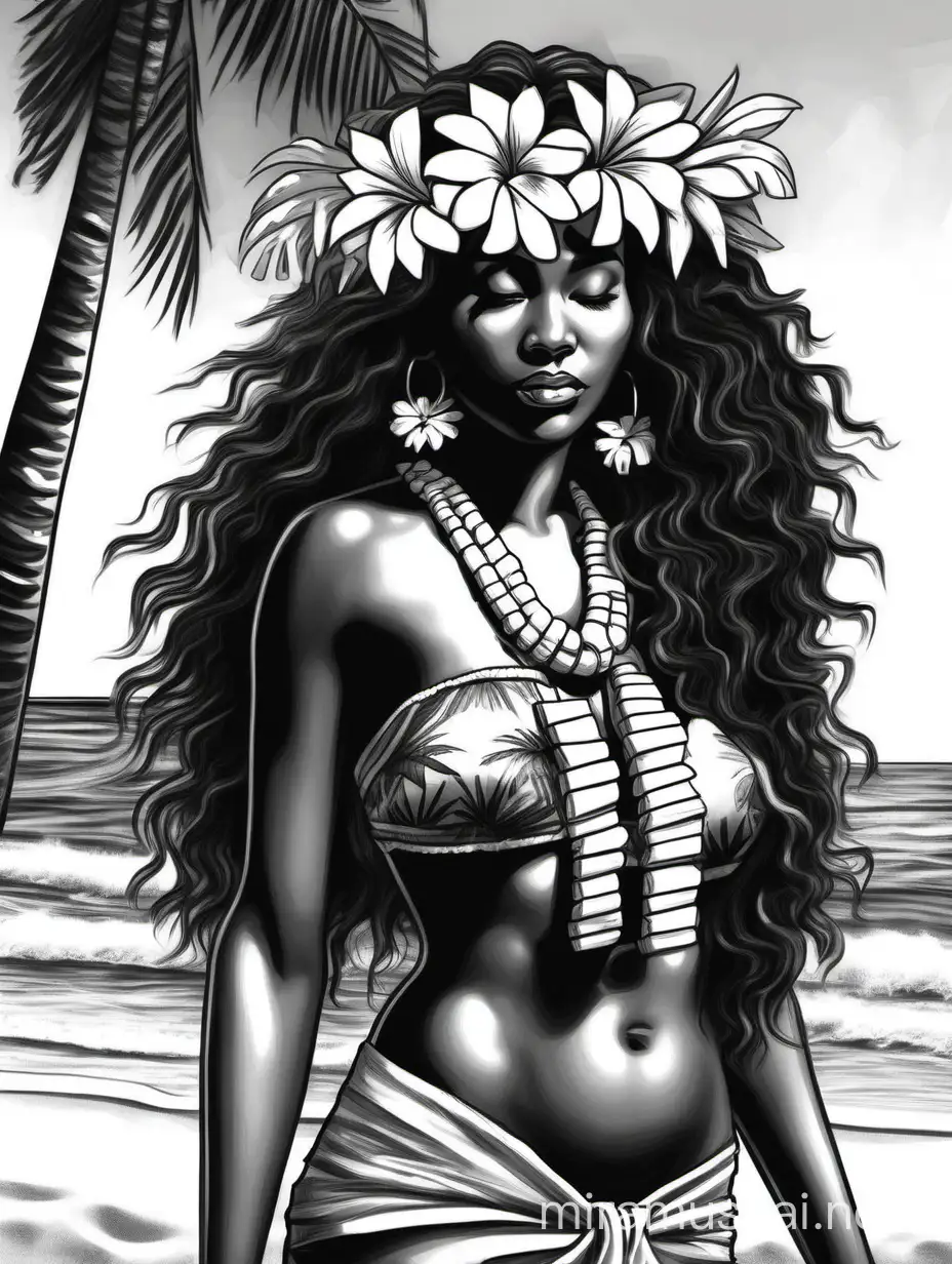 Draw a beautiful black and white realistic hawaiian woman on a beach with palm trees.  Make her look up toward the sun with softly closed eyes. She has very long wavy hair. Make her wear a lei, a flower crown, a hula skirt, and a bikini top. She has an exotic look.