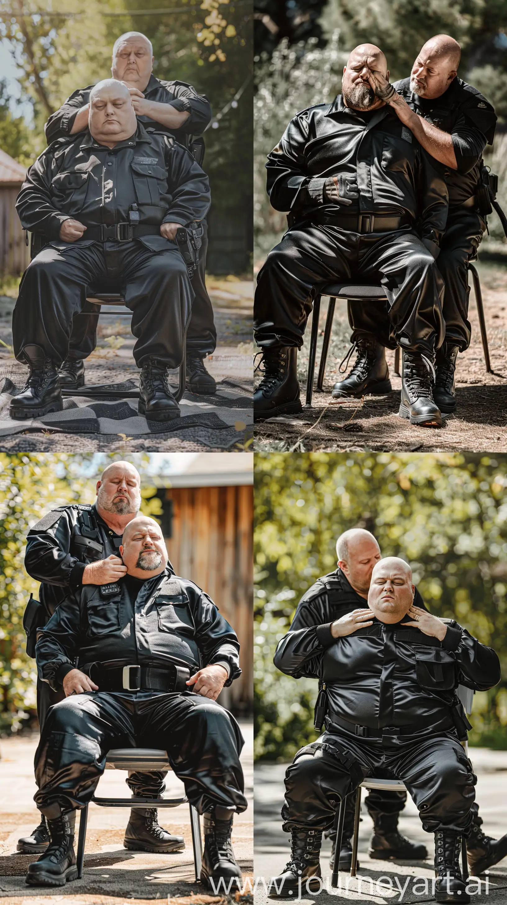 Photo of two very fat man aged 60 wearing a silk black security guard skinny-fitted full coverall tucked in black tactical hiking boots. Black tactical belt. One of the men is sitting in a chair. The other man is behind him and massaging his neck. Outside. Natural light. --style raw --ar 9:16