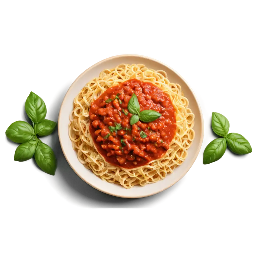 italian pasta with fresh basil on top, tuna tomato sauce top view
