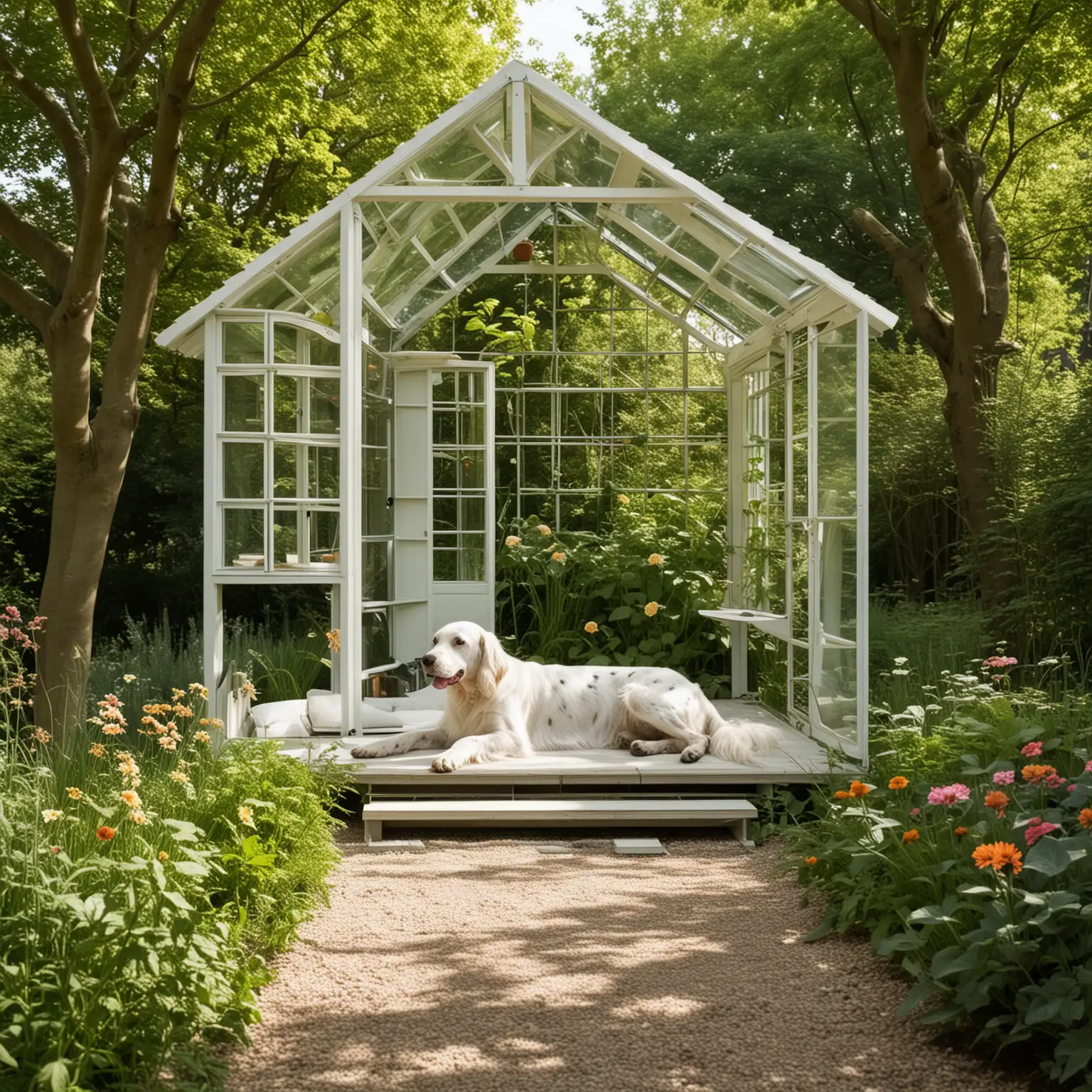 Imagine a tiny garden folly in de style of MVRDV architect. It's a sunny day. An English Setter lays in the sun.
