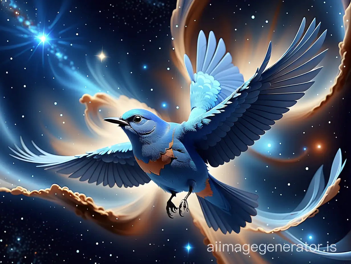 A blue bird flying at the Universe.
