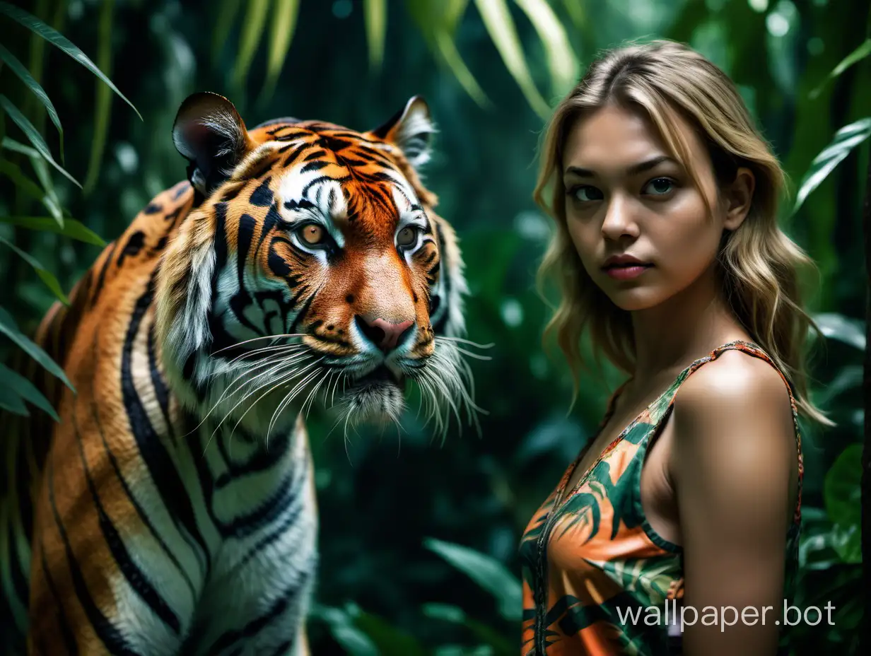 Girl and tiger, in the jungle, in full height, close-up, dressed, stunning full-color images, sharp focus, studio photo, front view, complex details, high detailing, clarity