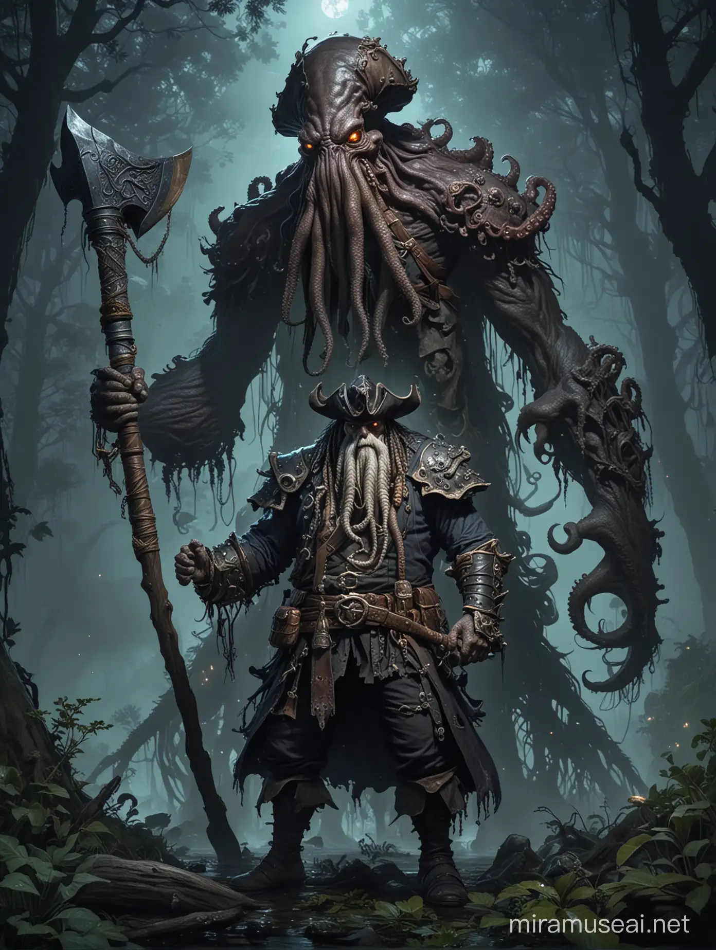 A gigantic monster with the corpse of a man and the head of an octopus. He's wearing pirate clothes. He's armed with an enormous axe. The setting is a dark swamp during the night.