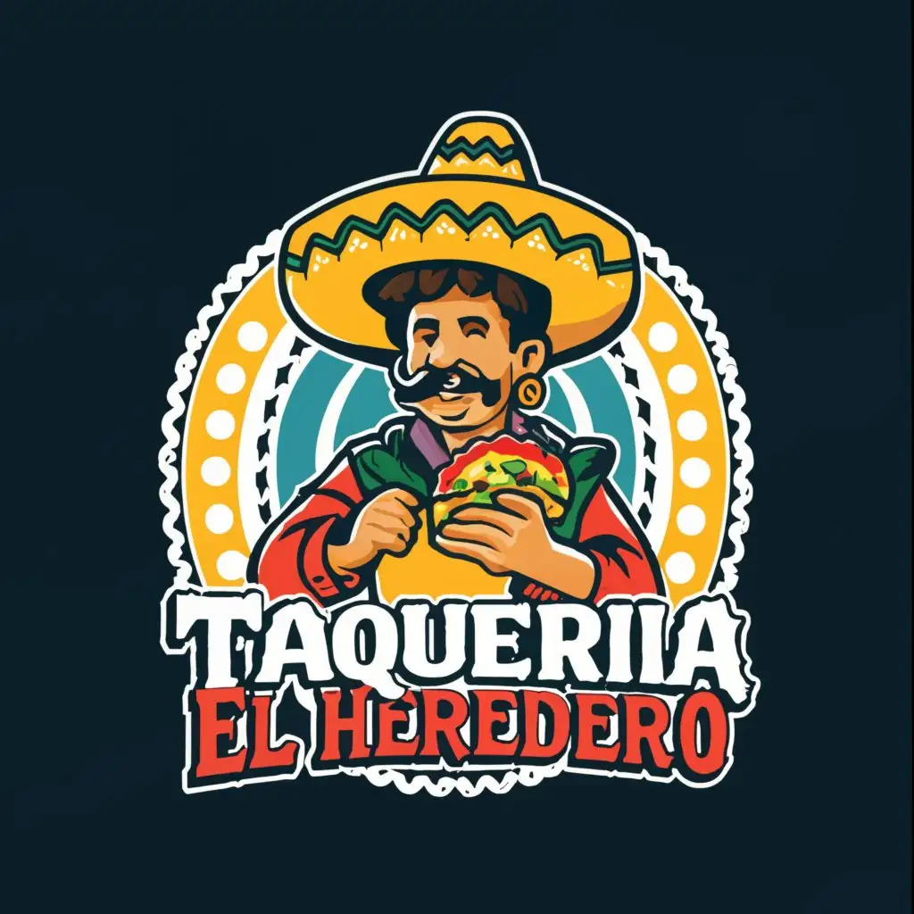 a logo design,with the text "TAQUERIA EL HEREDERO", main symbol:mexican cowboy with Sombrero eating taco with white background,complex,clear background