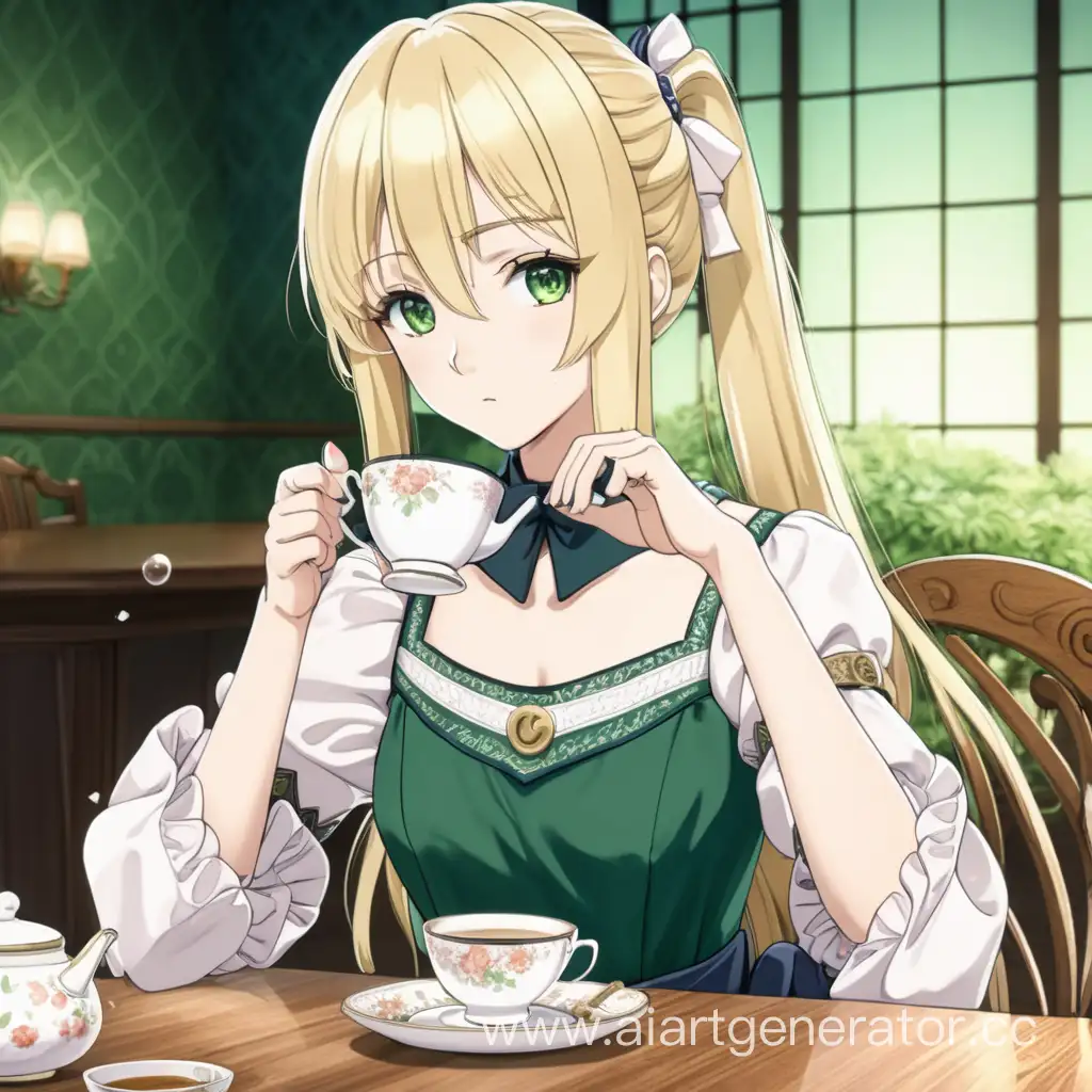 A blonde girl is drinking tea at a table.  anime style. The dress is green  anime style