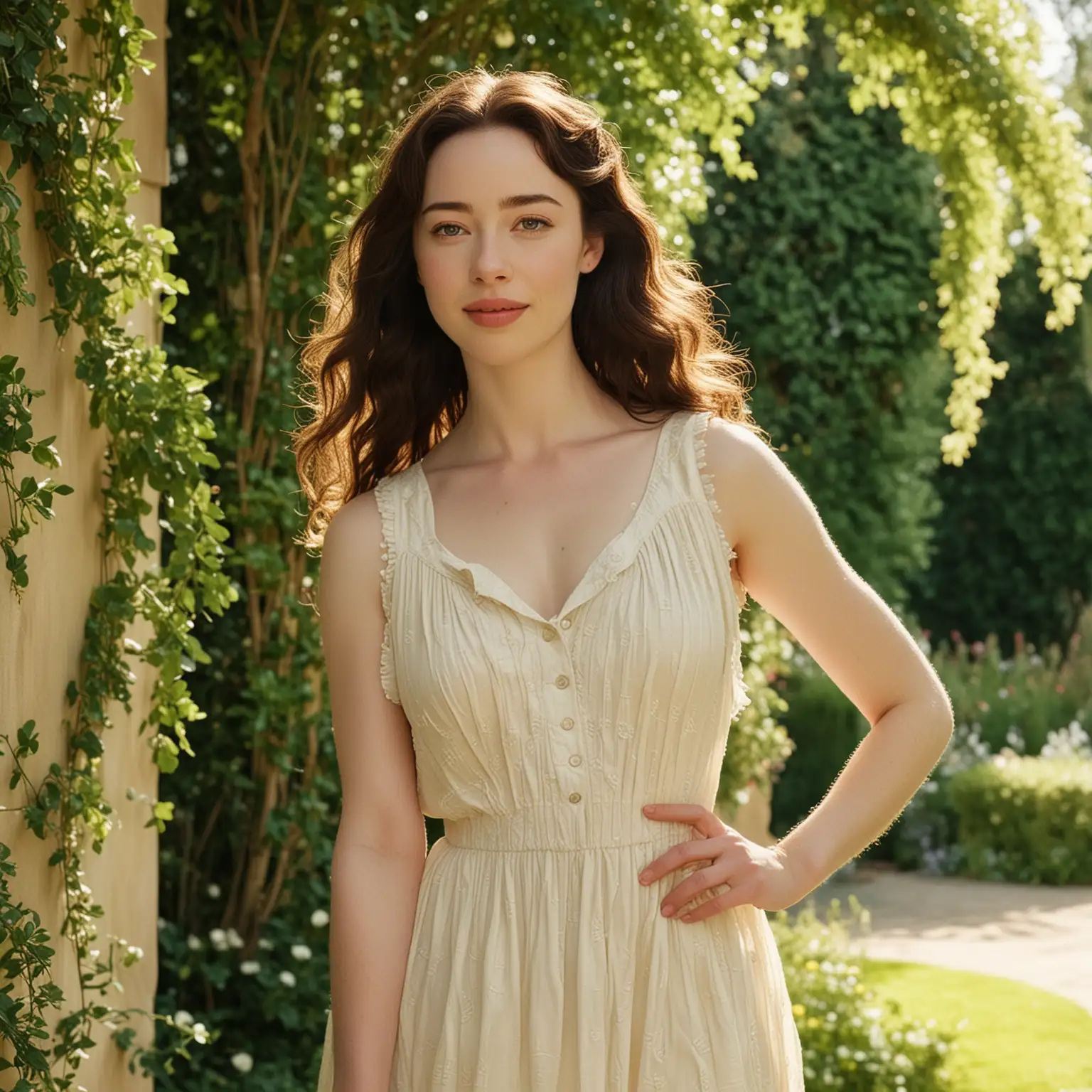 Anna Popplewell Embraces Garden Serenity in Sleeveless Ivory Summer Dress