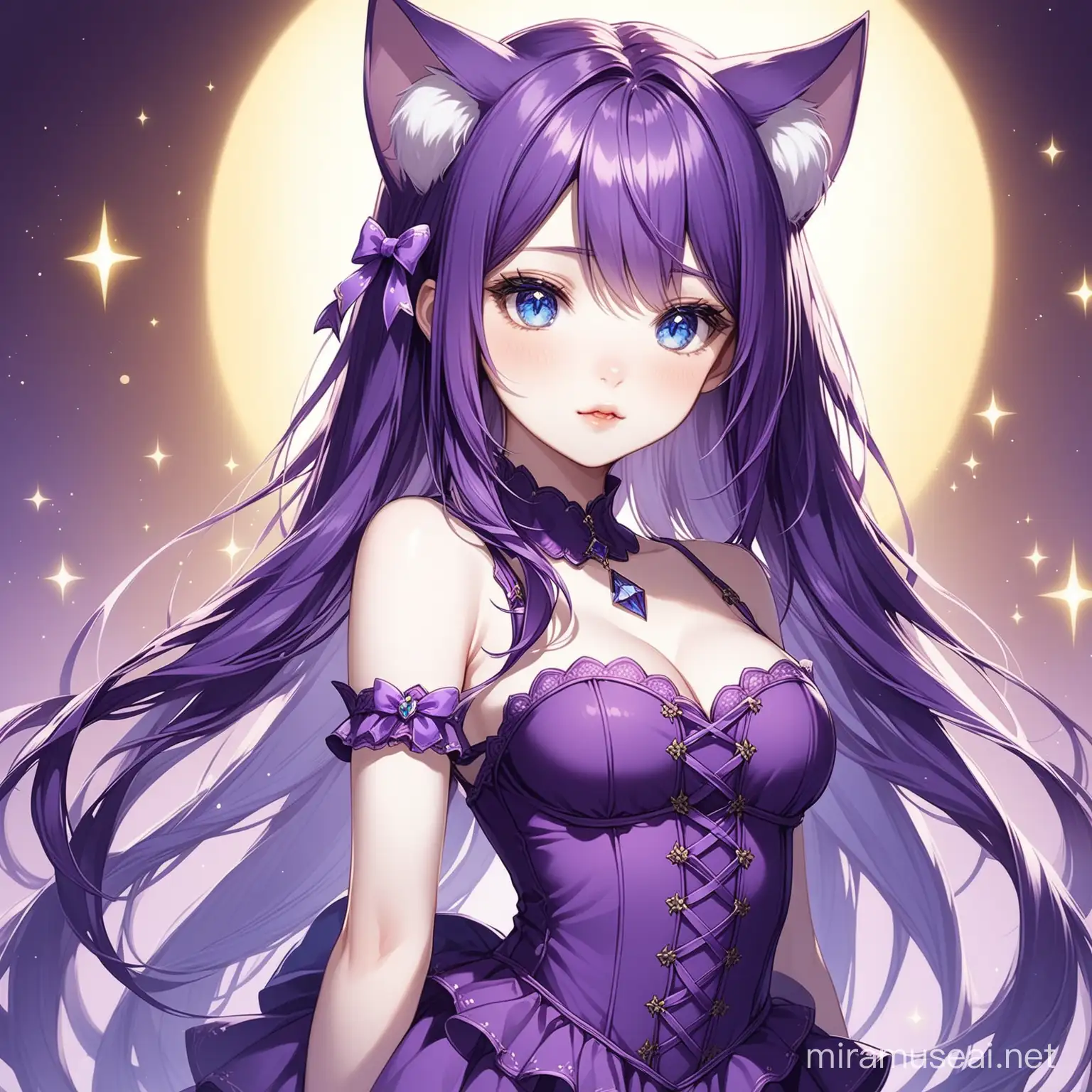Girl, purple hair with cat ears, purple eyes, cute fantasy purple outfit, blue eyes, pale skin, 