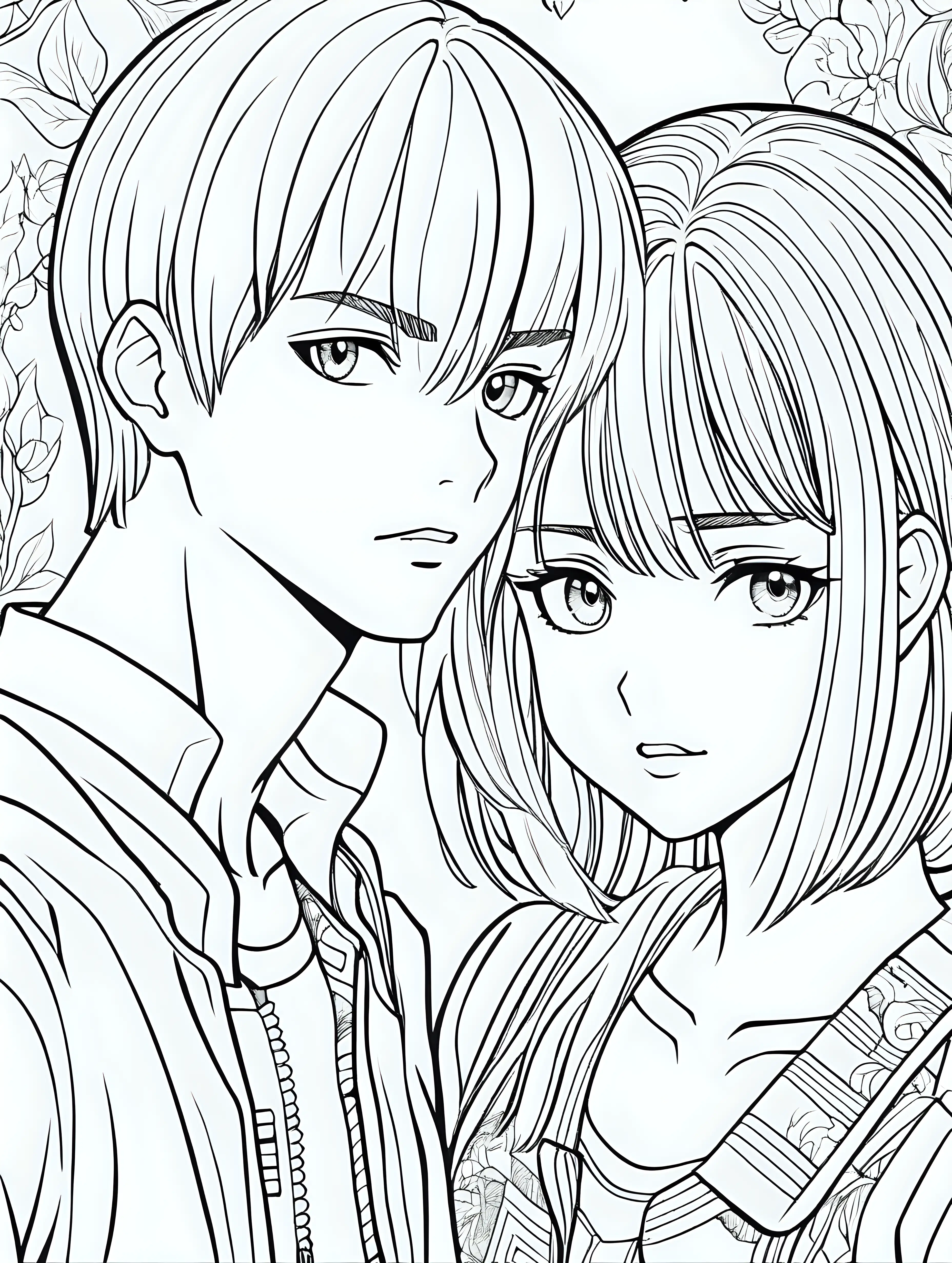 Manga Style Adult Coloring Book Page Featuring Two Youthful Characters