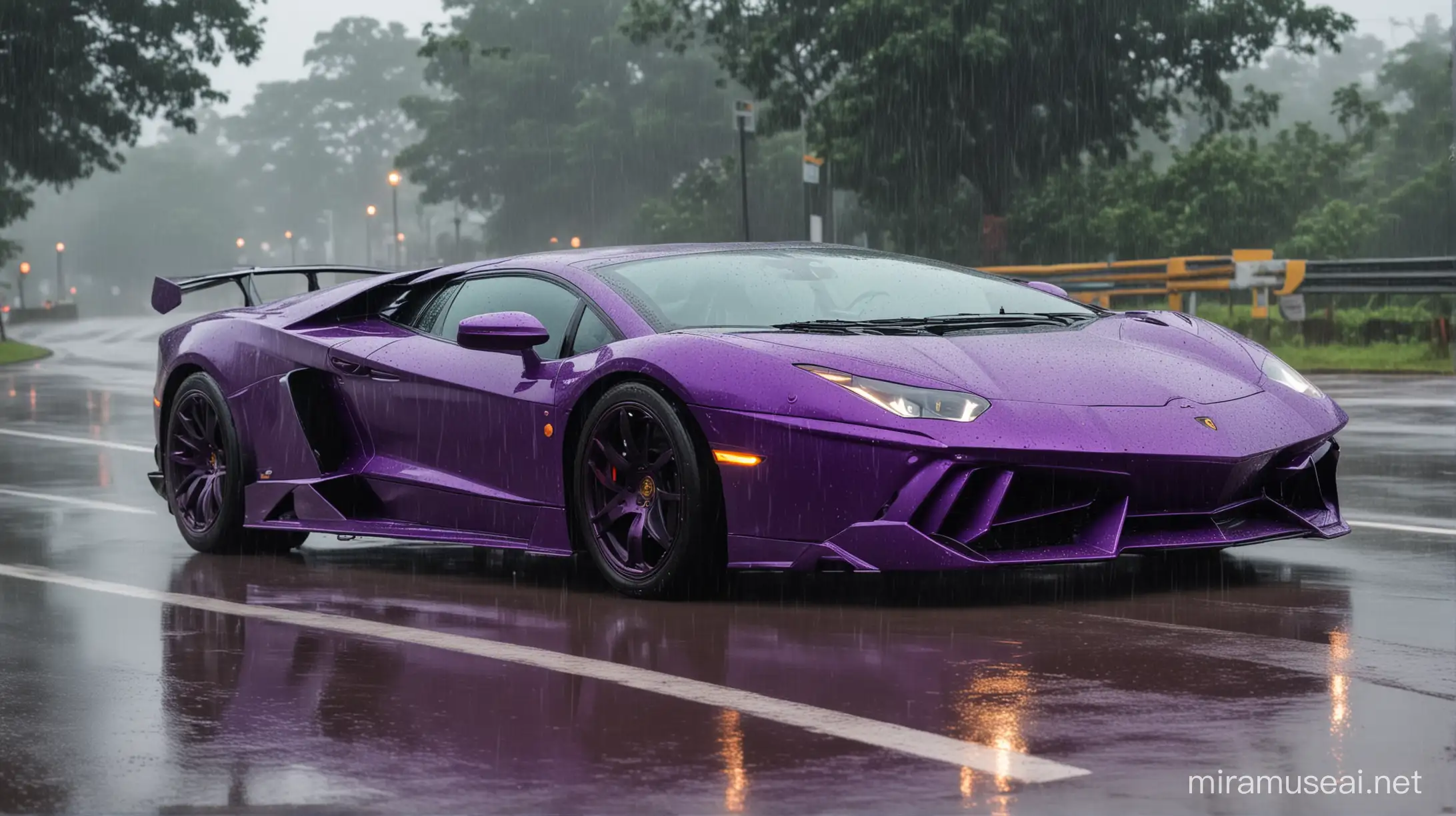 Aggressive Purple Lamborghini Racing Through Rainy Brazilian Roads