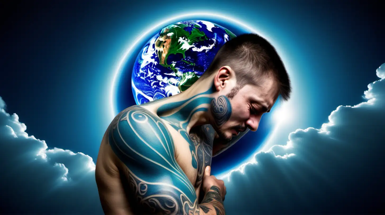 Emotional Man with Blue Face Tattoo Reaching for Earth