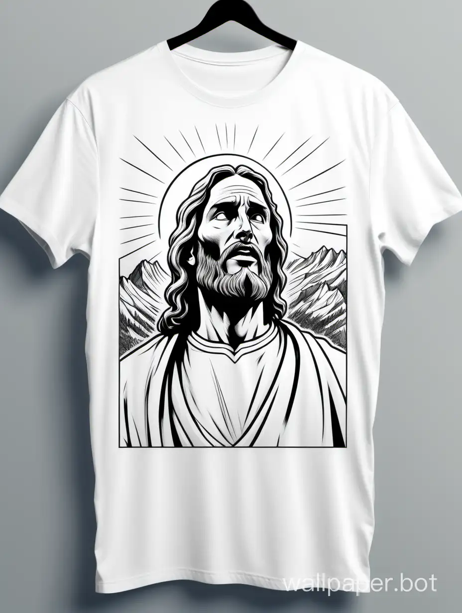 shirt mockup, amazing drawing of Mount Jesus, Lineart, comic art, white background, shirt mockup