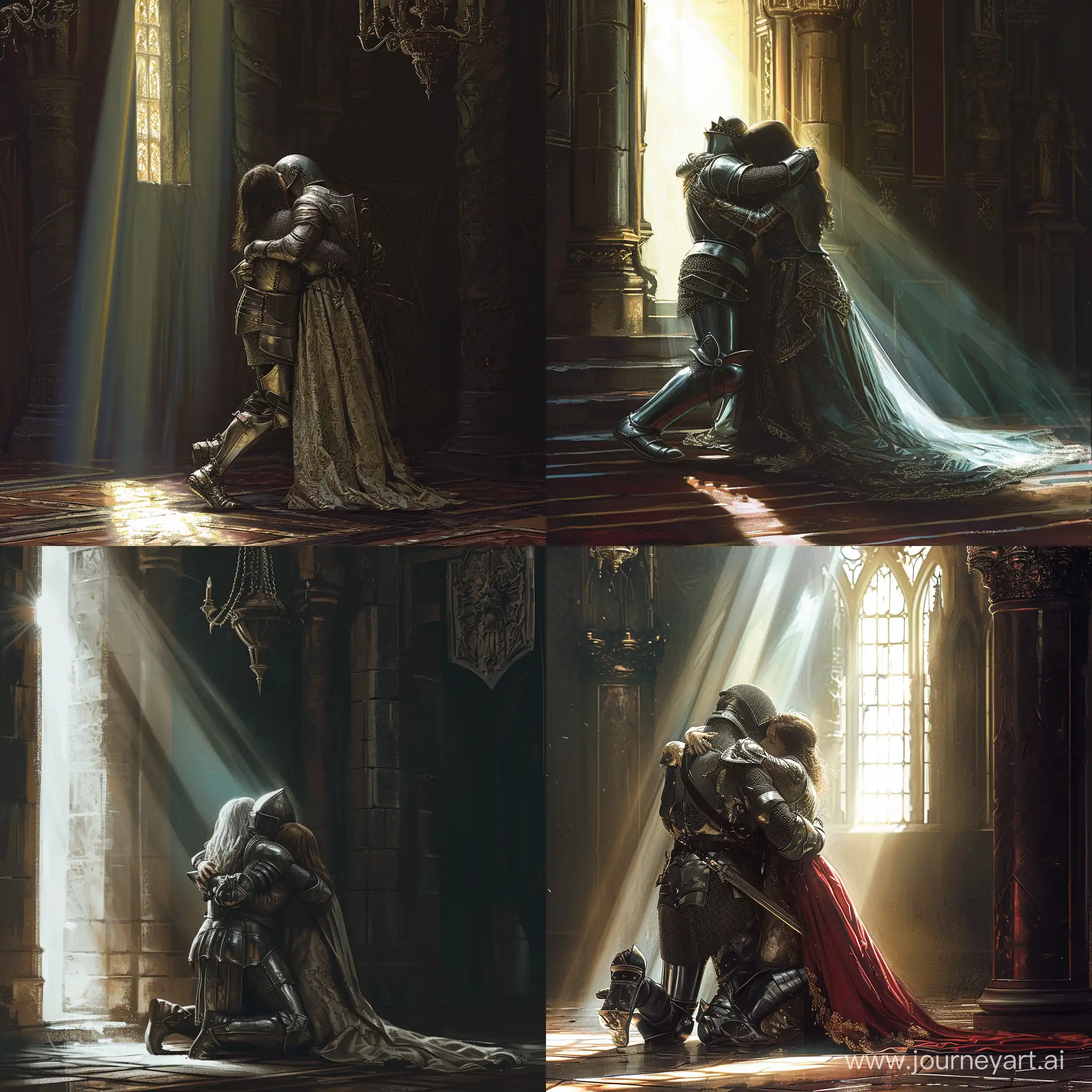a knight on knees hugging a royal queen, inside a royal palace, sunlight seeps through the window, 1970's dark fantasy book cover style done in dungeons and dragons, detailed, dark lighting, gritty