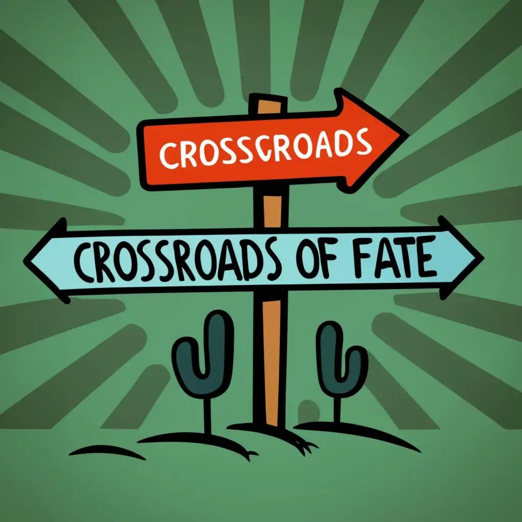 logo, fun, with the text "crossroads of fate", typography, wind direction