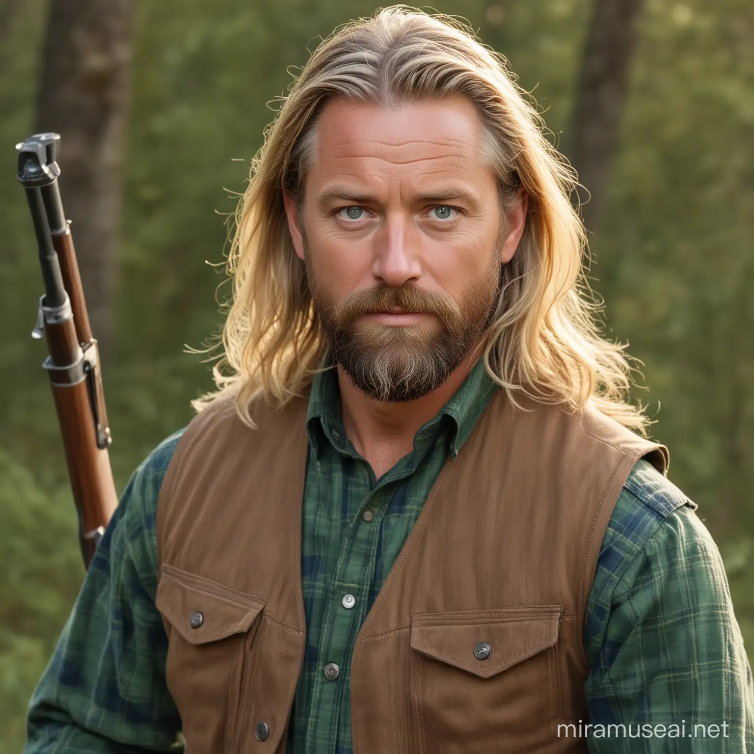 Rugged Adventurous Man with Hunting Gear and Blond Hair