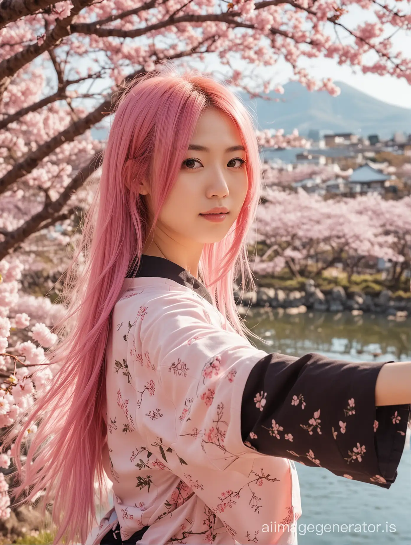 A clear and detailed photo style of a cute, smart, dignified, elegant 26 years old Japanese woman with long pink hair, directing towards us. The background is a spring scenery of Japan with cherry trees in bloom.