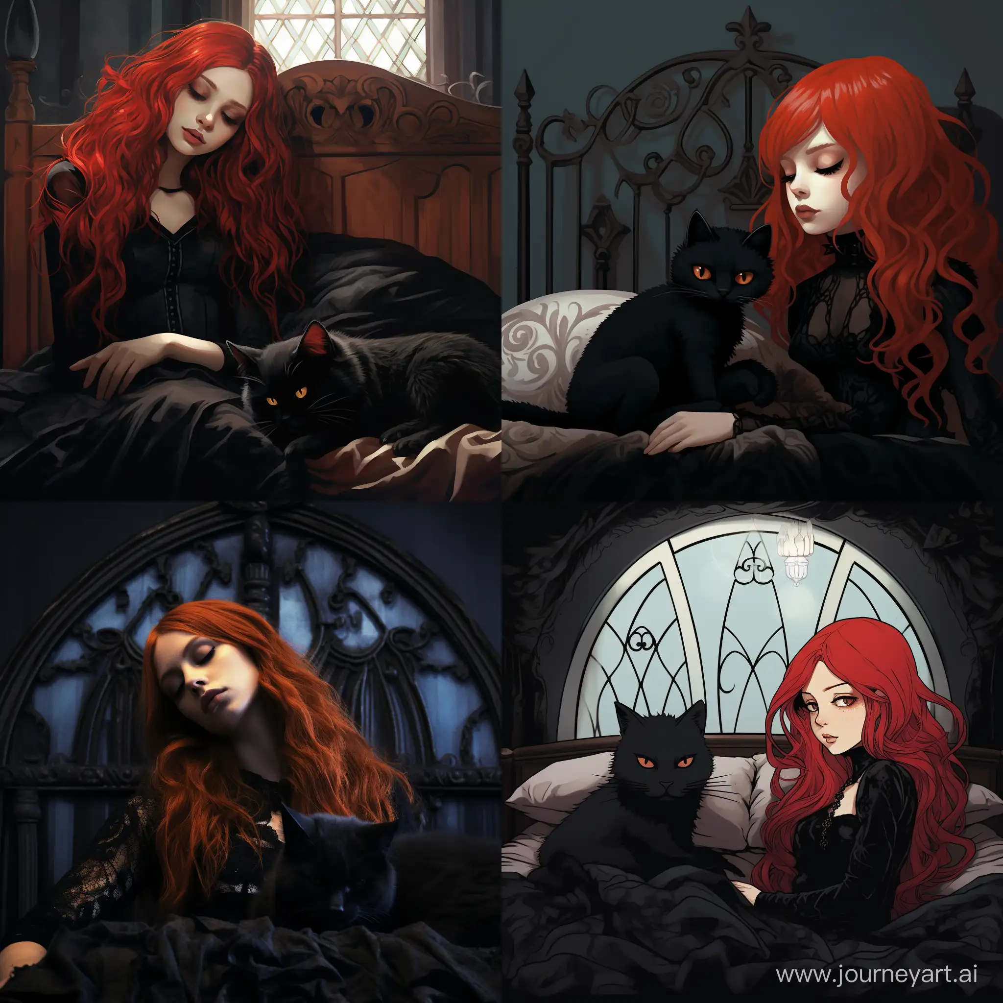 Enchanting-Gothic-Dream-RedHaired-Girl-and-Gothic-Cat-in-Cozy-Slumber