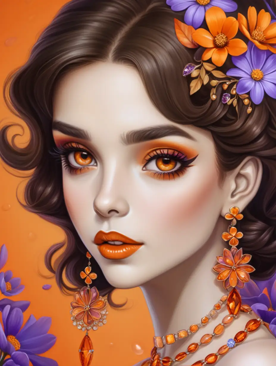 a elegant ladies close up with brown eyes in cartoon style, surrounded by orange jewels and same small colored purple and orange flowers, and red lips