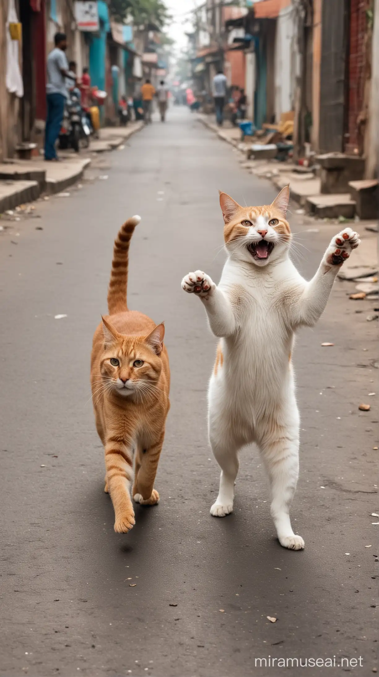 The Indian cat frolics joyfully on the street with her boyfriend, funny