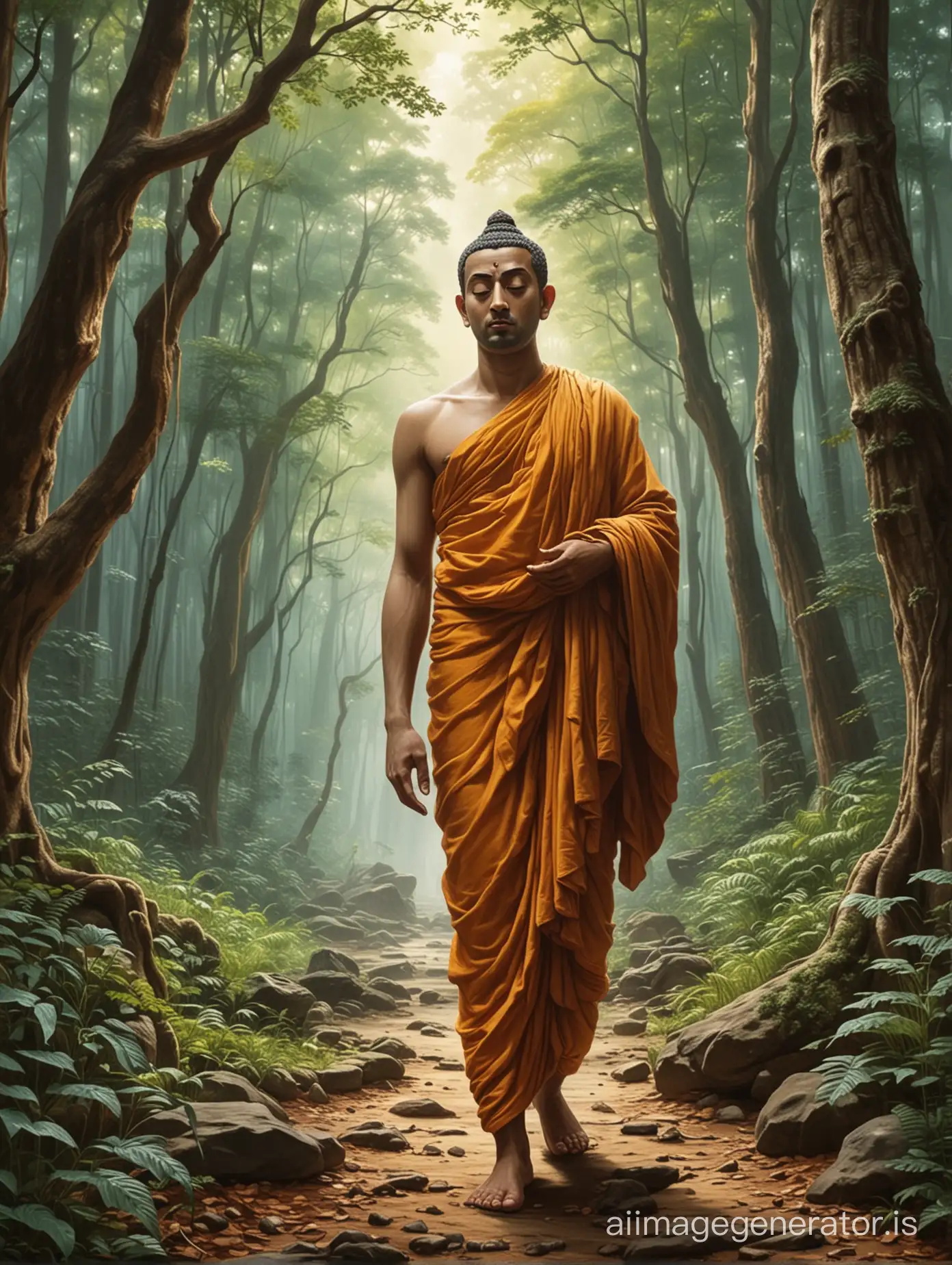 depiction of Siddhartha Gautama walking through the forest, deep in thought.