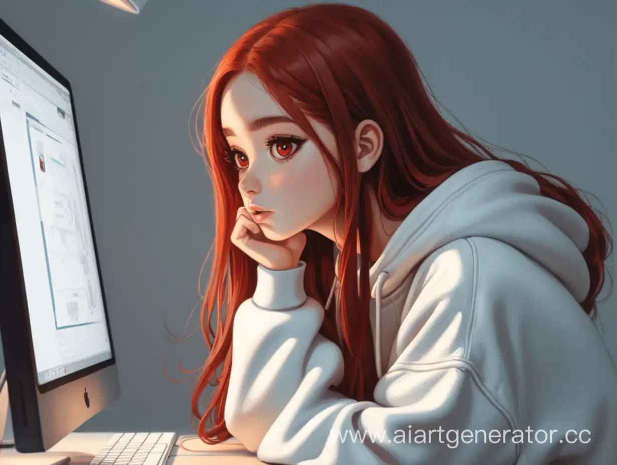 Девушка с красными длинными волосами, с карими глазами, в белой толстовке, сидит за компьютером и смотрит в монитор 