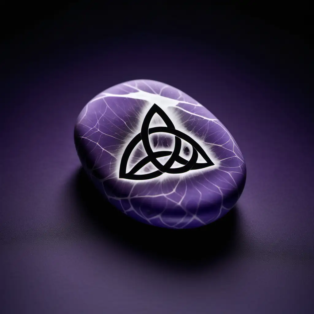 A periwinkle pebble with a silhouetted triquetra and black veining on its surface, and it sits in front of an ethereal, misty dark purple background