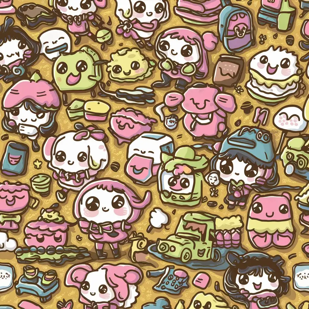 Adorably cute designs influenced by Japanese Kawaii culture, featuring characters, foods, and objects with cheerful faces.