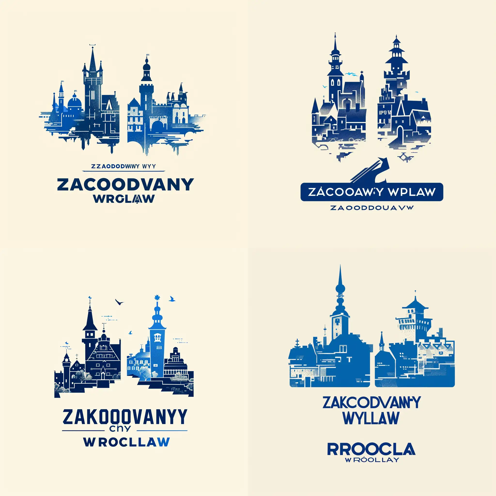 Create modern and simply logo of city game in Wrocław. Two colors. Blue and white. Famouse form Wrocław. Game card format.
Game title: "ZAKODOWANY WROCLAW"
