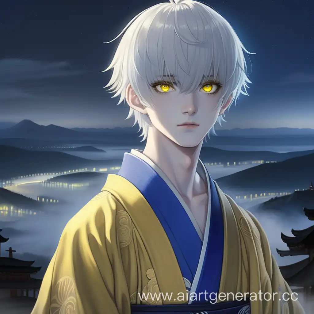 A 15-years old guy with pale skin, white short hair and yellow eyes in a blue-white haori against a night foggy landscape and two huge yellow eyes with an elongated pupil on the background