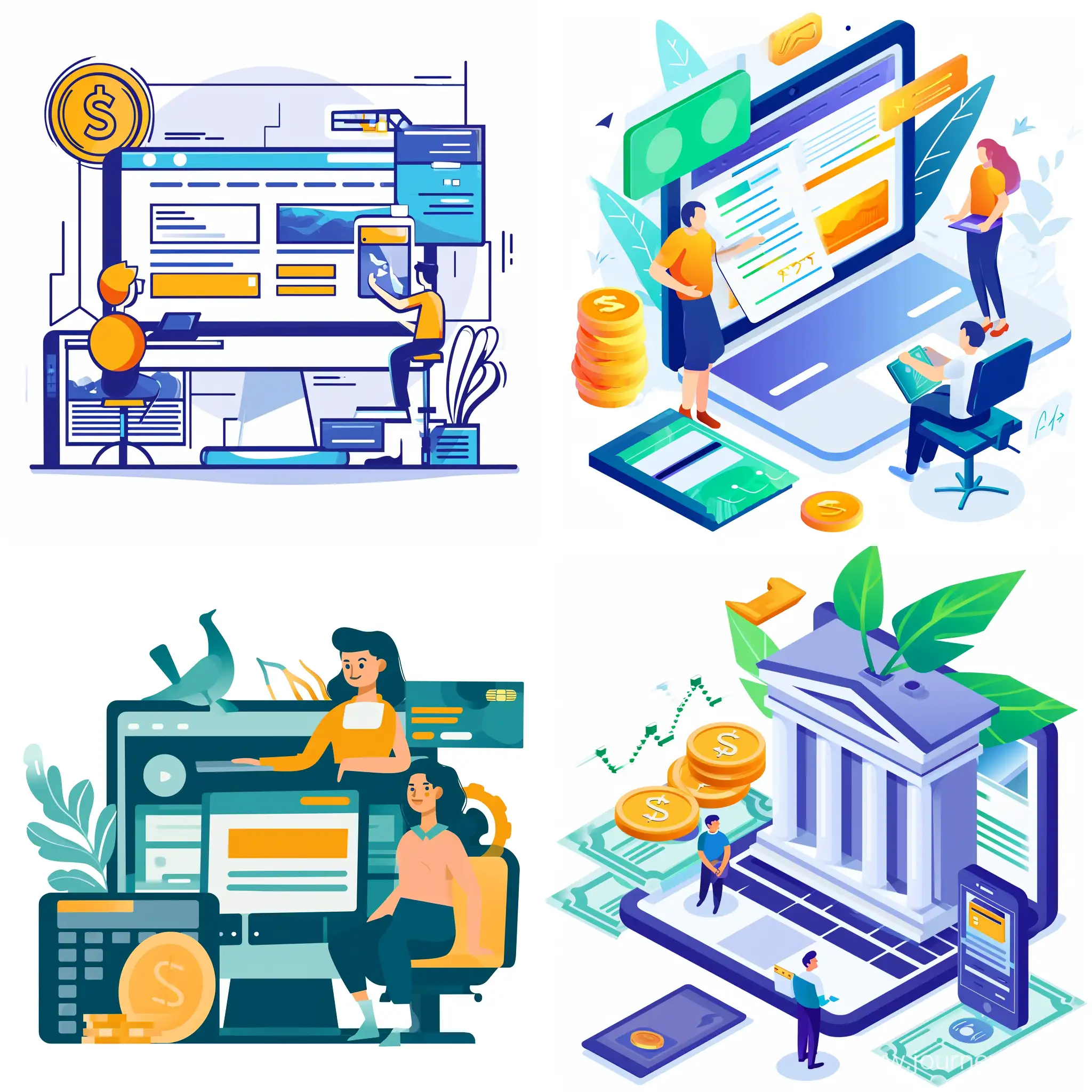 Website Illustration, Description "Your client can be a legal entity or an individual, and payment can be made from a corporate account or bank card. Work with clients directly or withdraw funds from popular freelancing platforms."
