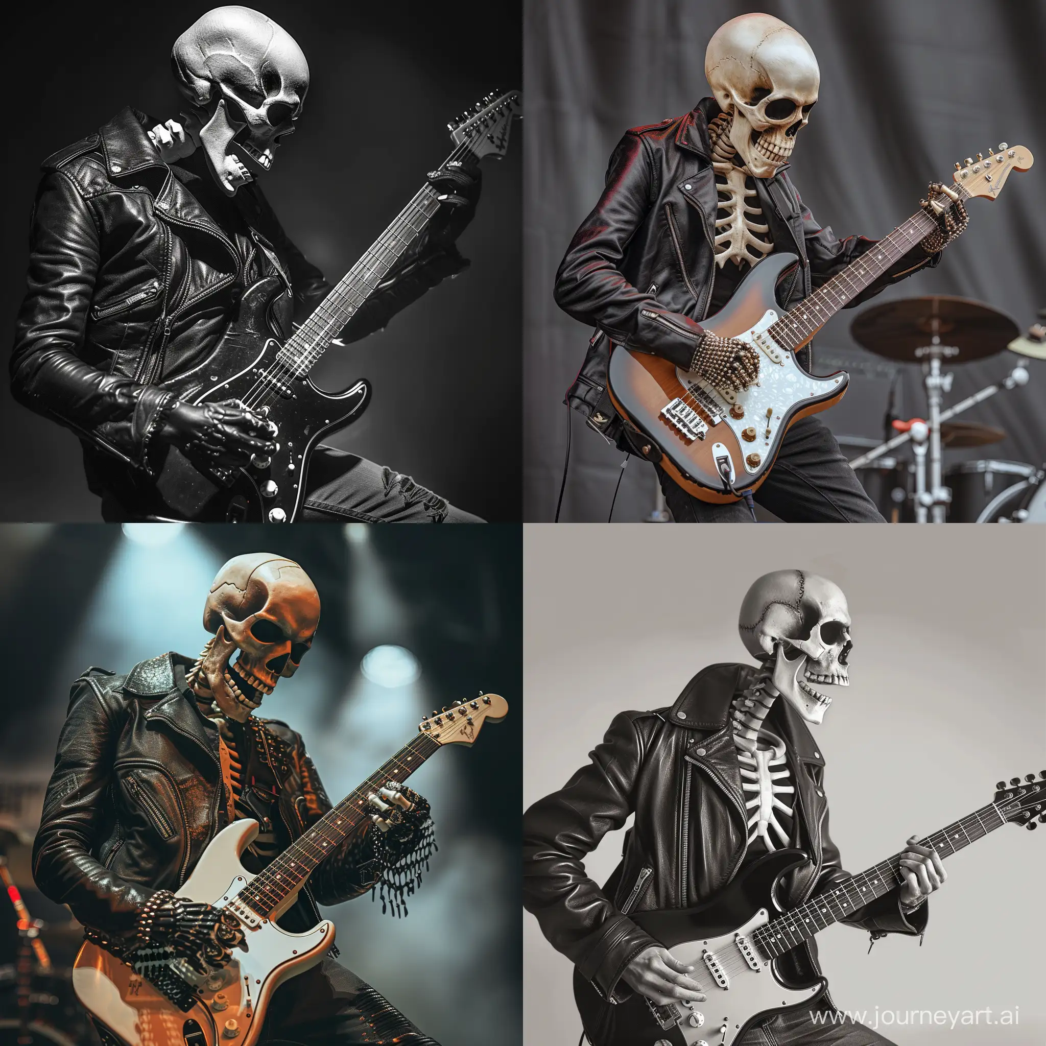 Skeleton, dressed in leather jacket ,  play on electro guitar, rock fest