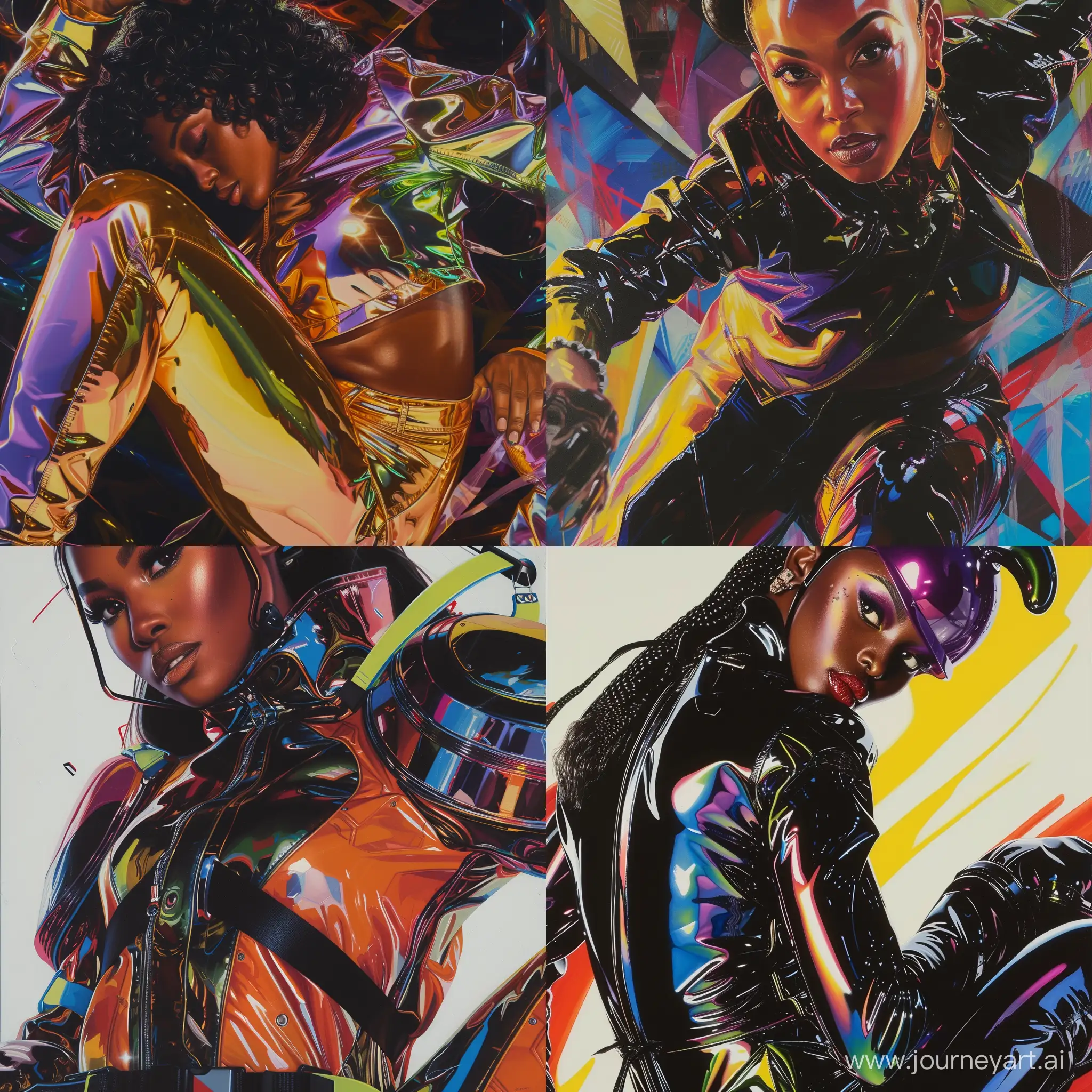 A 4K HDR 300DPI professional close vivid full-body view of a colorful glossy hyper-realistic oil painting of a detailed illustration full length photo single image of”,a Futurist-inspired artwork portraying black women in dynamic poses, capturing the energy and movement of the modern age,
