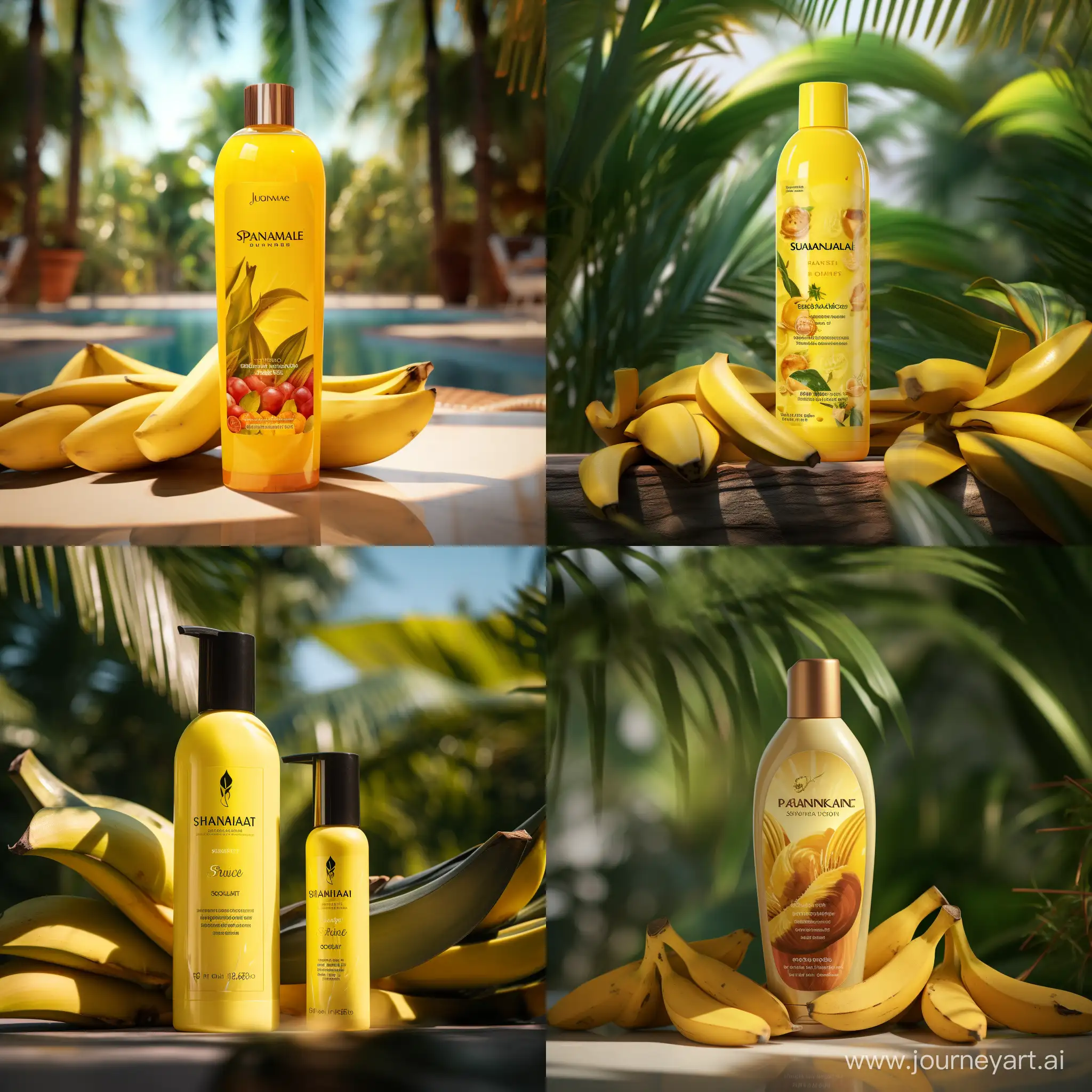 Tropical-Banana-Flavored-Shampoo-with-Palm-Tree-and-Fruit-Background