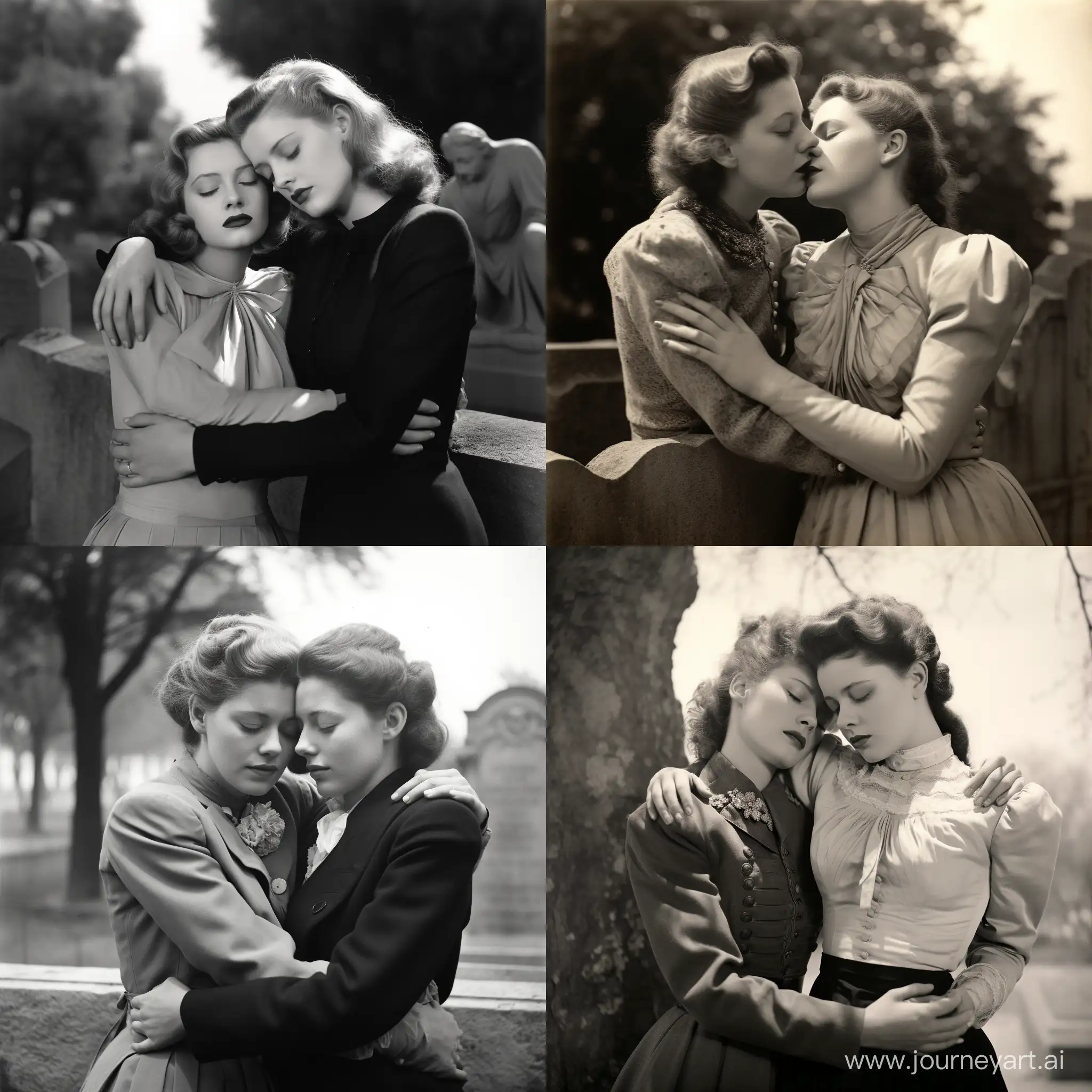 Emotional-1950s-Lesbian-French-Couple-in-Cemetery-Embracing