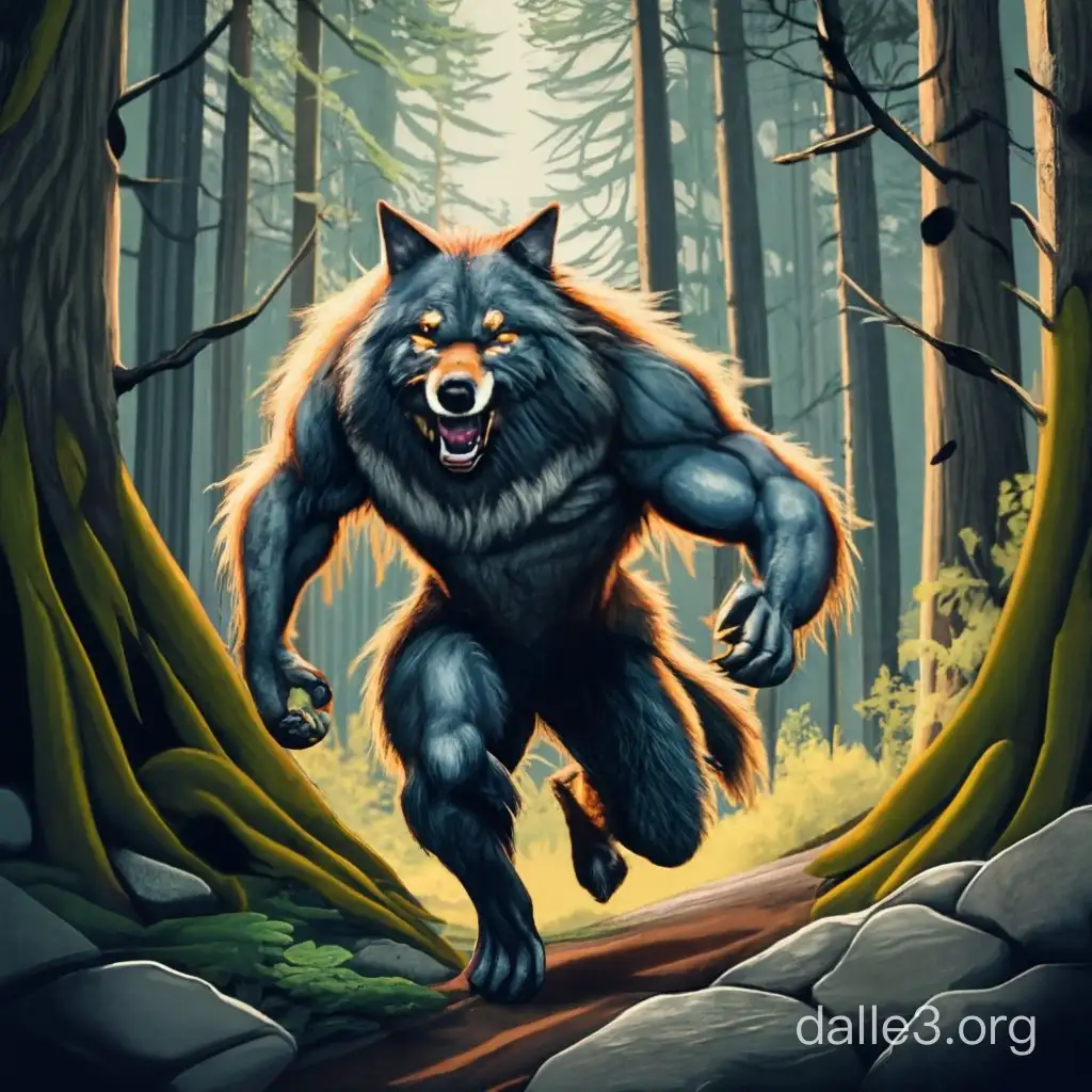 Werewolf in a beautiful, ancient forest runs throw thickets