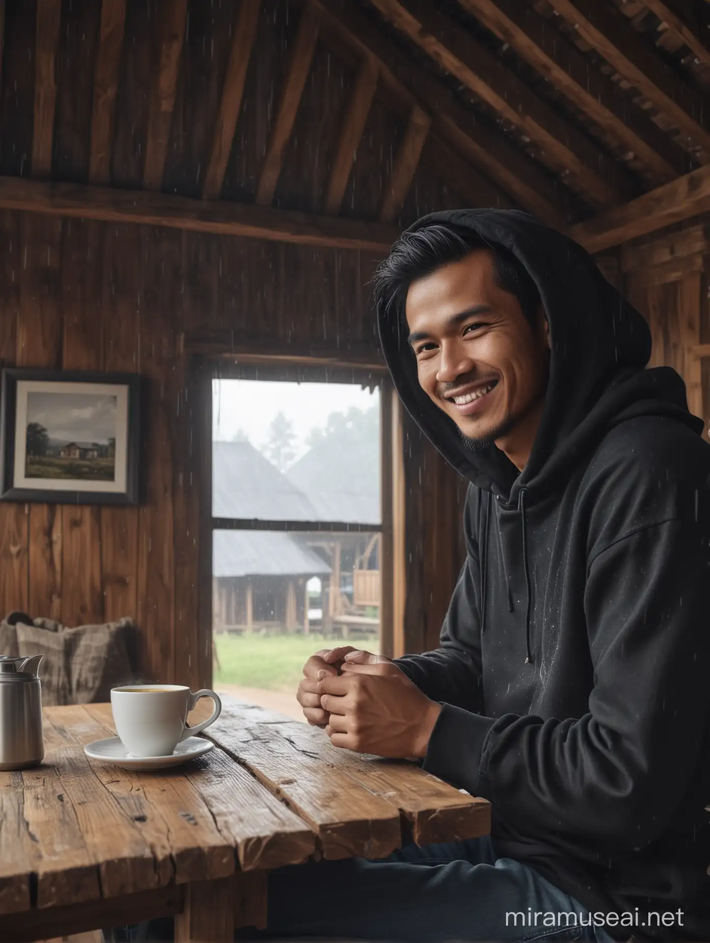 Indonesian Man Smiling with Coffee in Rustic Wooden House on Rainy Morning