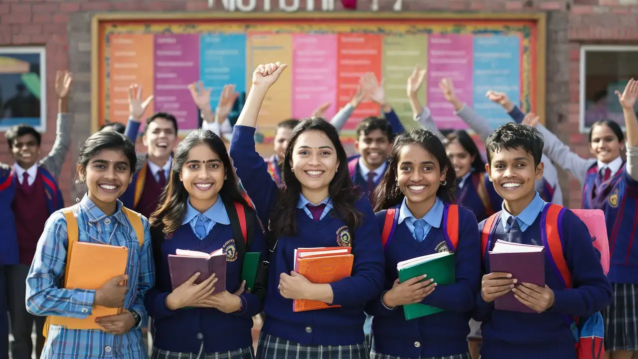 Create an image highlighting Indian students standing in front of a notice board. Show them holding books, smiling with a sense of achievement and happiness. The background should feature a typical school or college setting, with other students in the background, also smiling or expressing joy