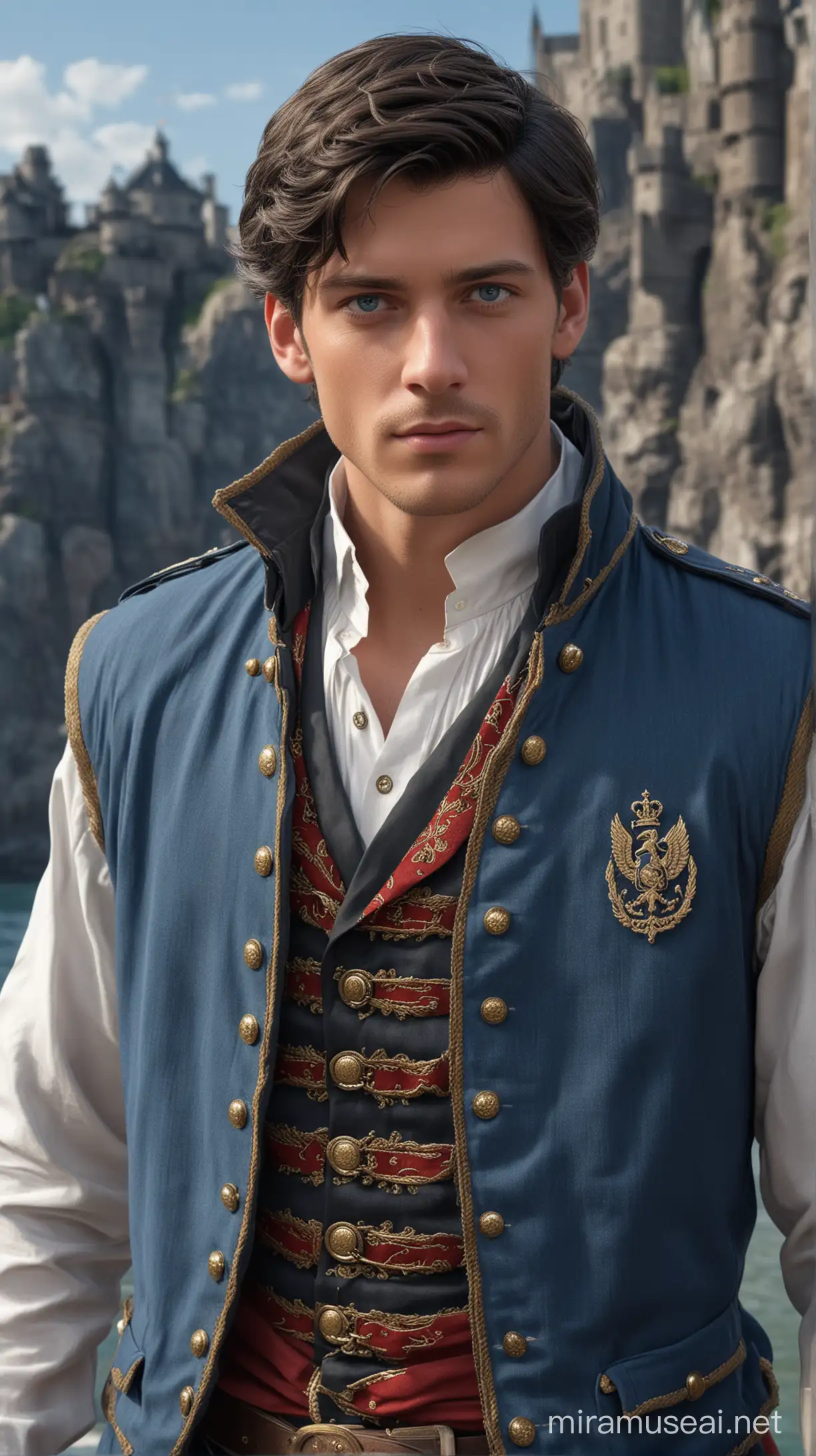in a sea natural background military there are disney prince Florian is Germany 21-years and
short black hair and blue eyes and Black and White shirt, blue vest closed without buttons and long red cloak on the shoulders and muscled an face beautiful 8k re solution ultra-realistic