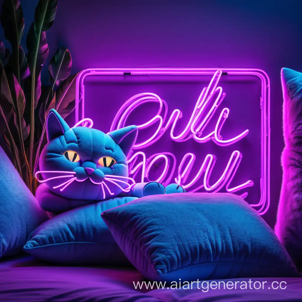 фиолетовая неоновая надпись chill  mood на фоне подушек в виде котов
