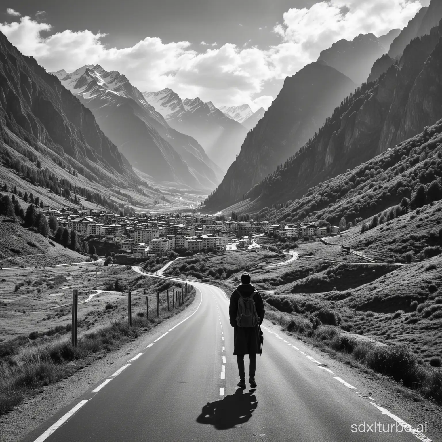 B&W photo of road with a traveller and mountains on one side and city scape on other side