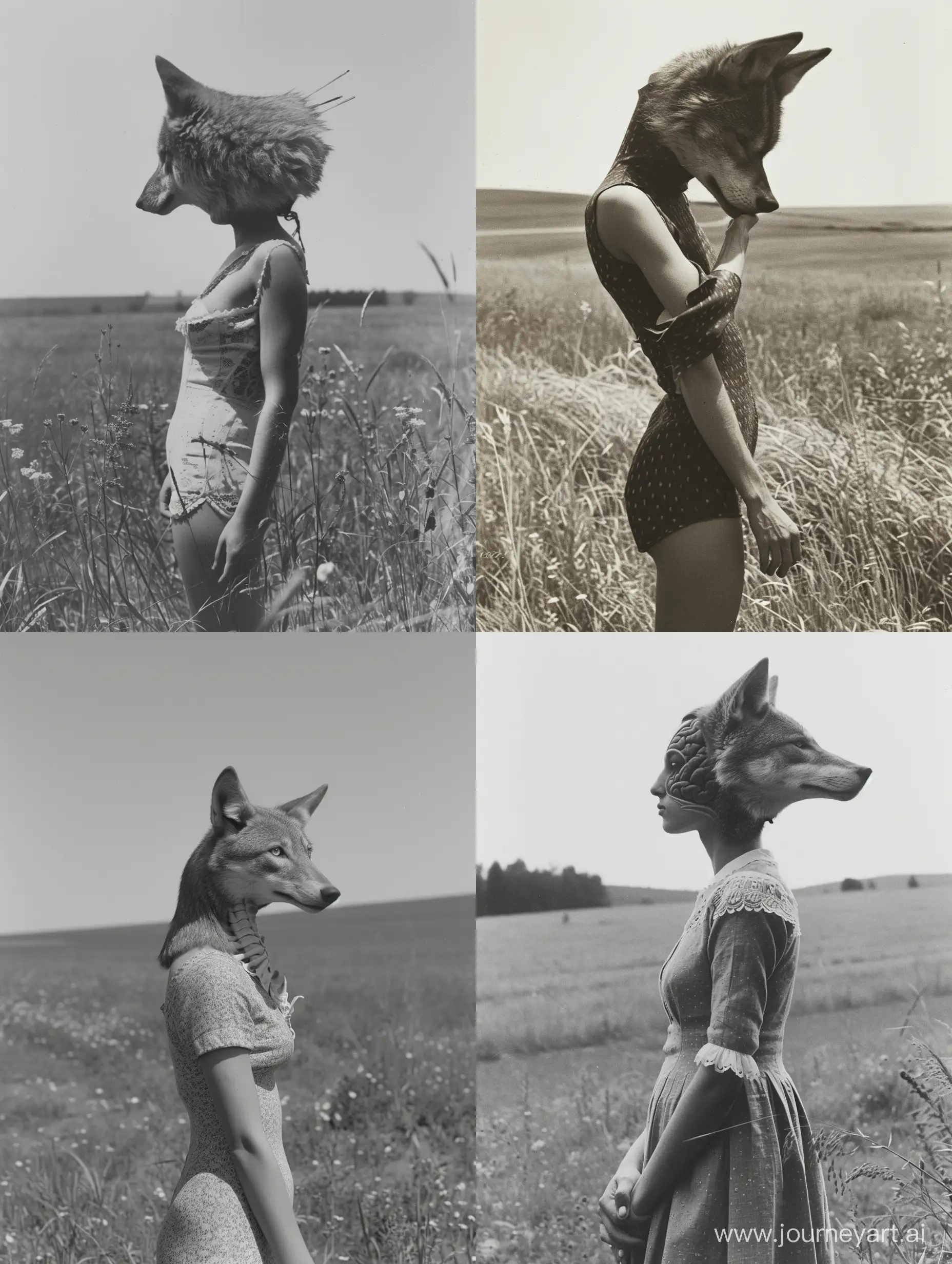 A woman with a wolf’s head and human body in a field, grayscale, 1970’s, taken on provia
