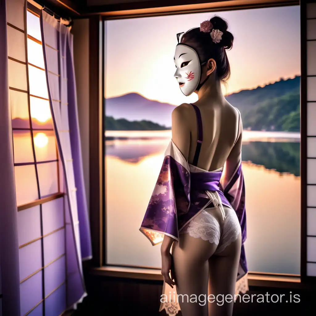 a japanese natural slender female perfect grammar, dressing room her clothes on scene, view lake window, mocha white purple, sacred sunrise journey, glamorous feminine back lingerie, kawaii, a spiritual traditional noh mask