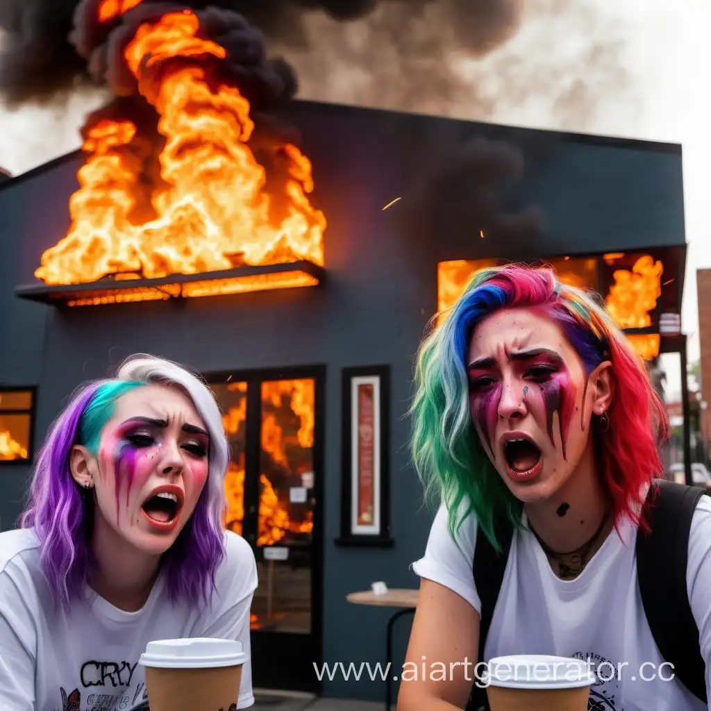 Zoomers with multicolored hair cry next to a burning coffee shop