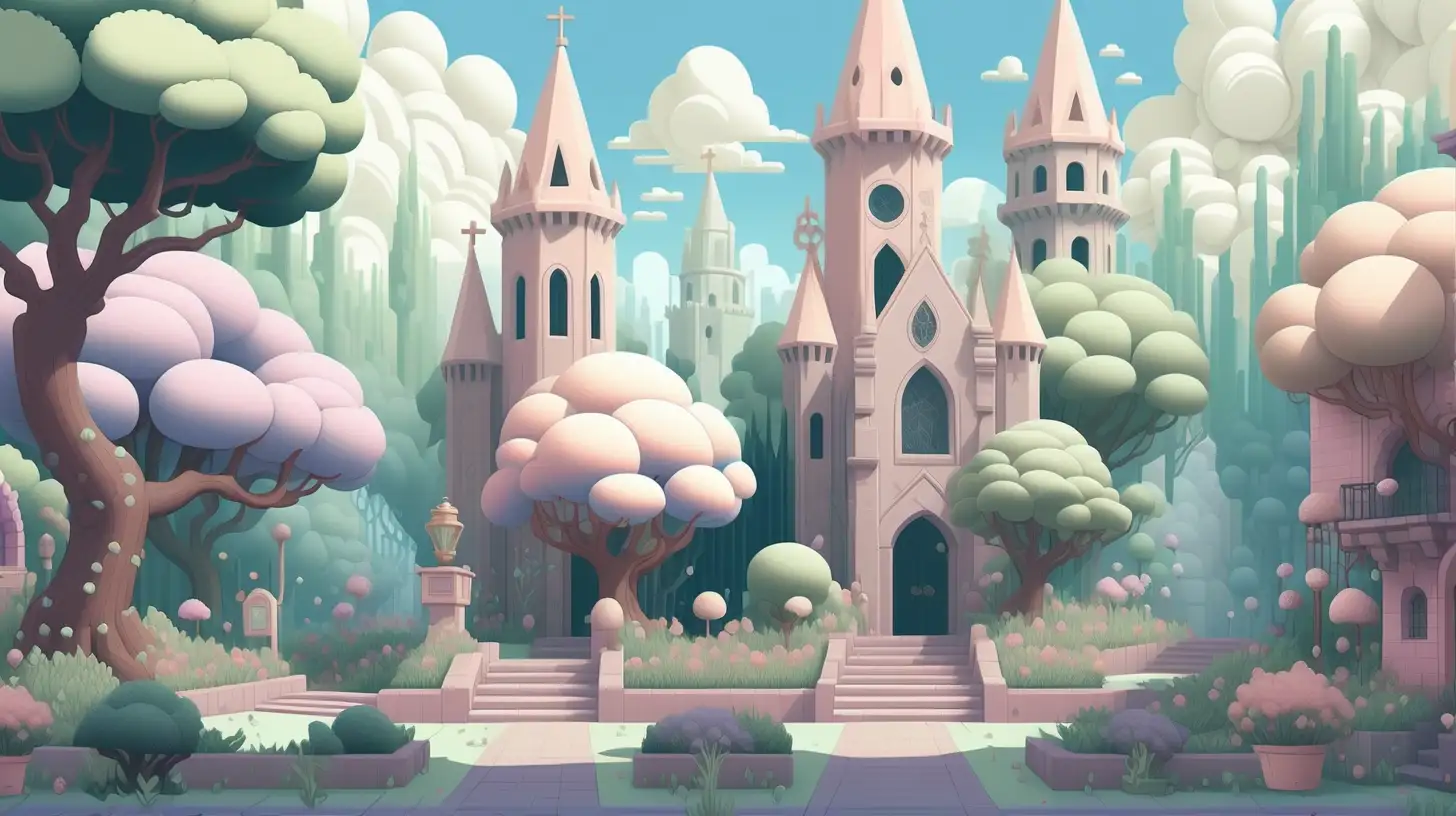 Pixel-style heavenly location explores a pixelated, beautiful peaceful city in a magical pastel colored forest, its garden walls etched with enchanted sigils, as laughter and love are with you every step of the wonderful journey