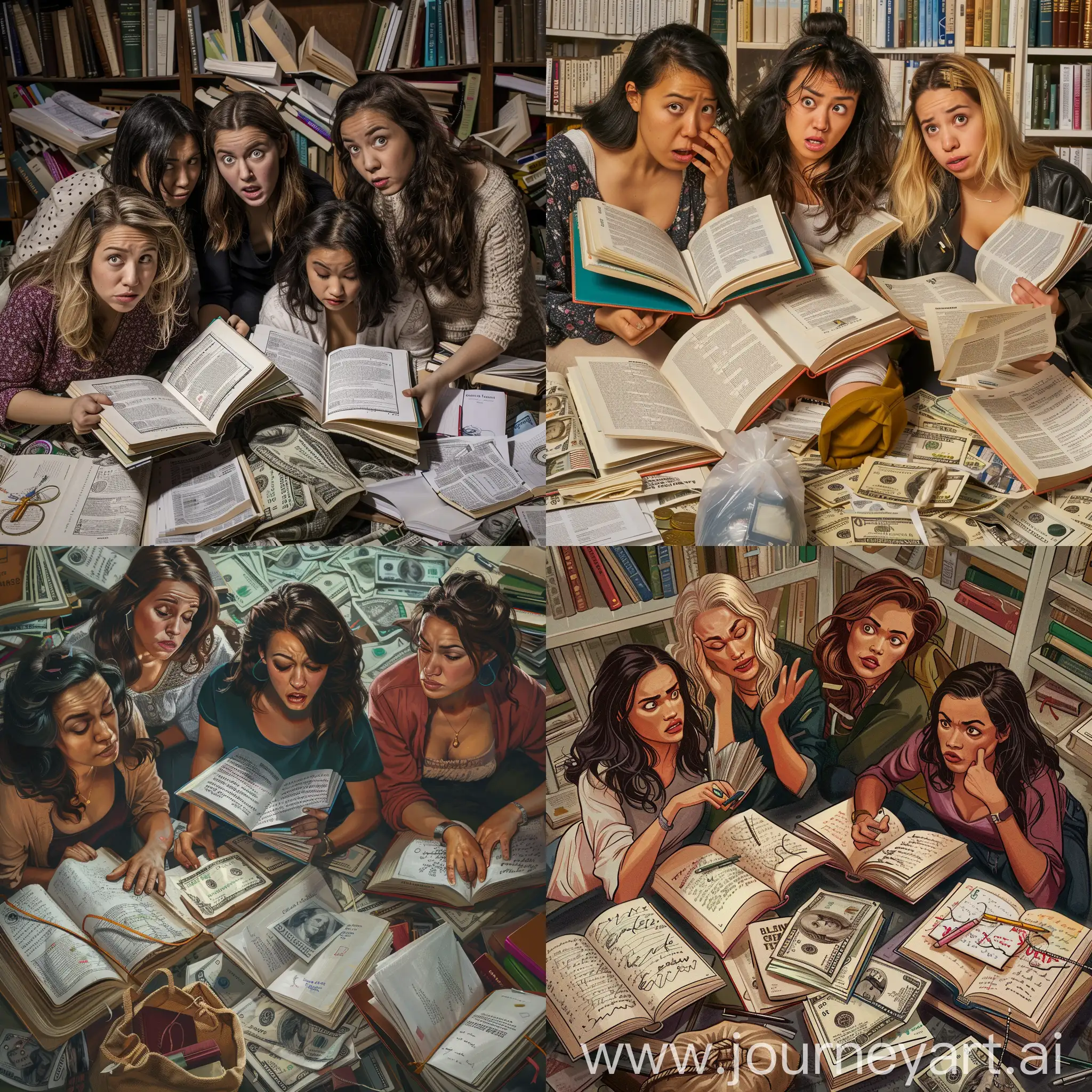 Four women, looking confused, pouring over books. They're in a messy room with journals and books open all over. There is  a money bag on the floor