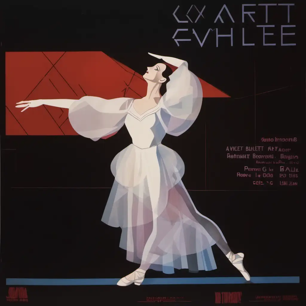 Ethereal Soviet Ballerina in Geometric Gown on Black Background with Red Halo